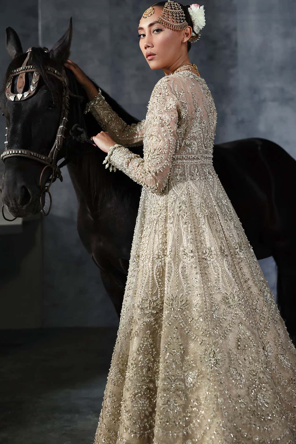Women Wearing Bellezza Ivory Gold Lehnga  For Bridal Events - Pakistani Designer Wear For Women In Uk | Kifat