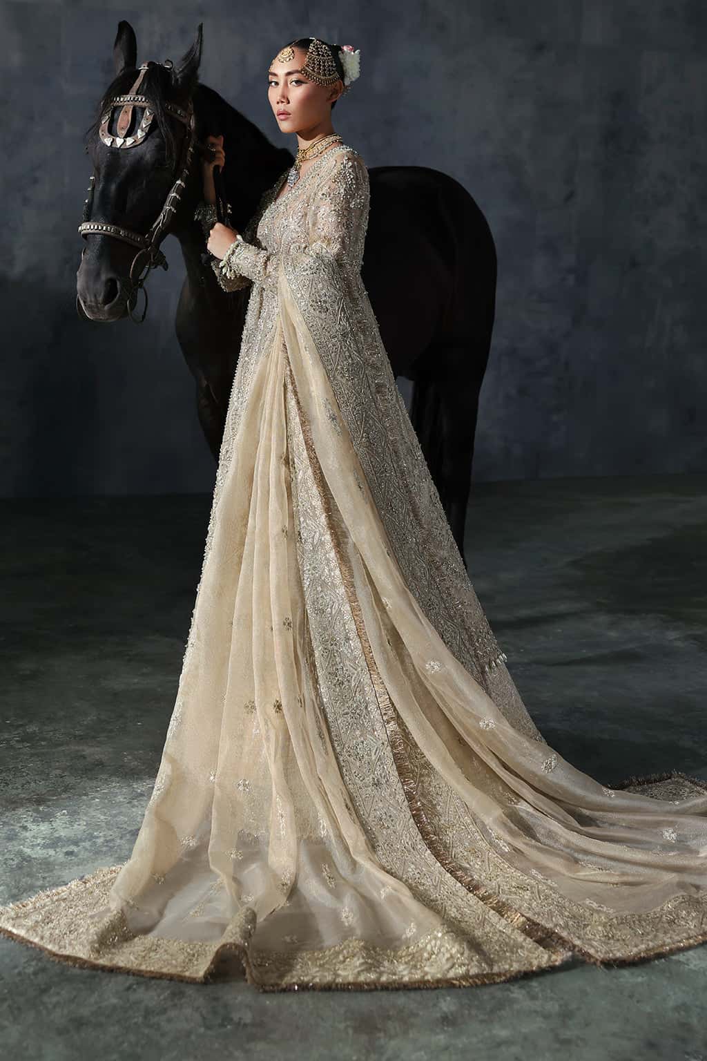Women Wearing Bellezza Ivory Gold Lehnga  For Bridal Events - Pakistani Designer Wear For Women In Uk | Kifat