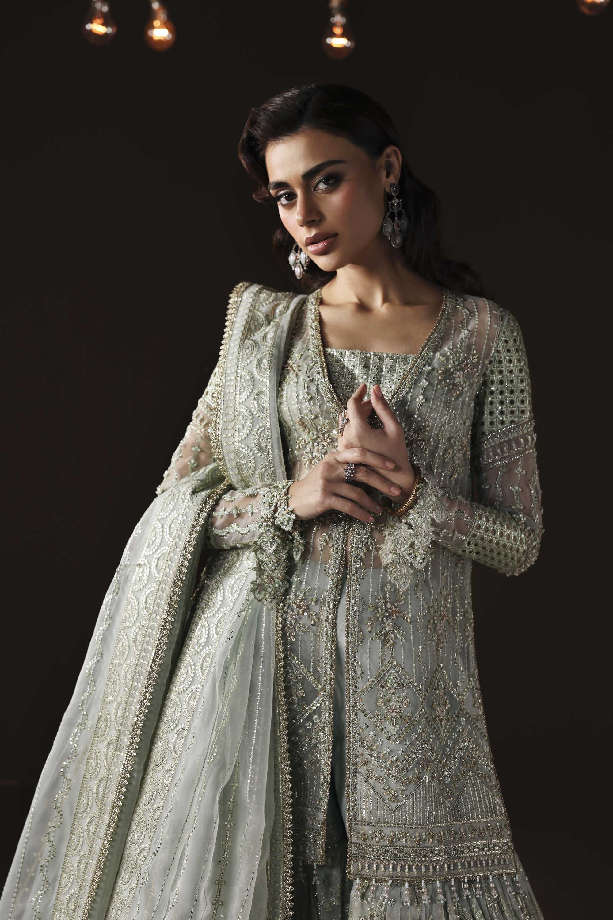 Women Wearing Muse Grey Mint Shirt With Gharara For Luxury Formals Events - Pakistani Designer Wear For Women In UK | Kifat