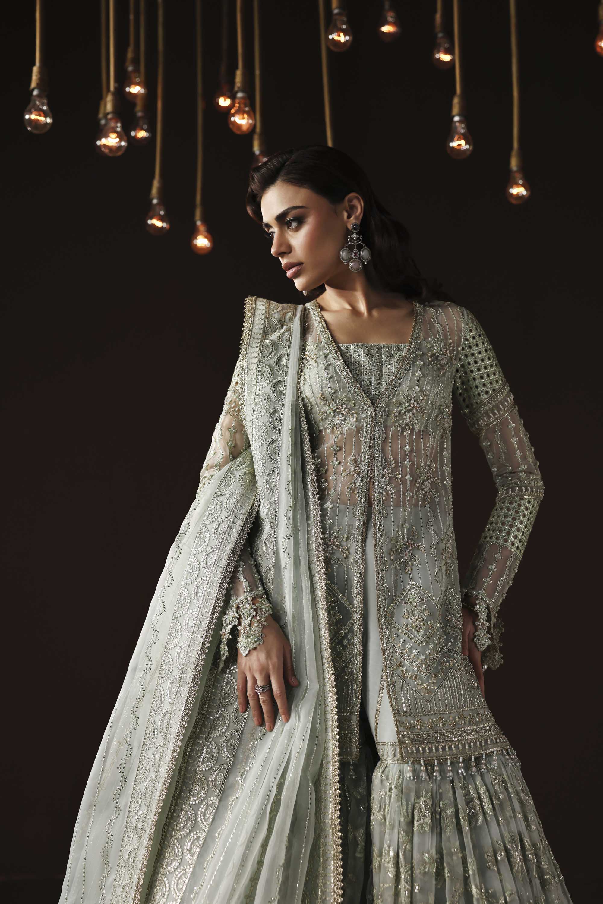 Women Wearing Muse Grey Mint Shirt With Gharara For Luxury Formals Events - Pakistani Designer Wear For Women In UK | Kifat