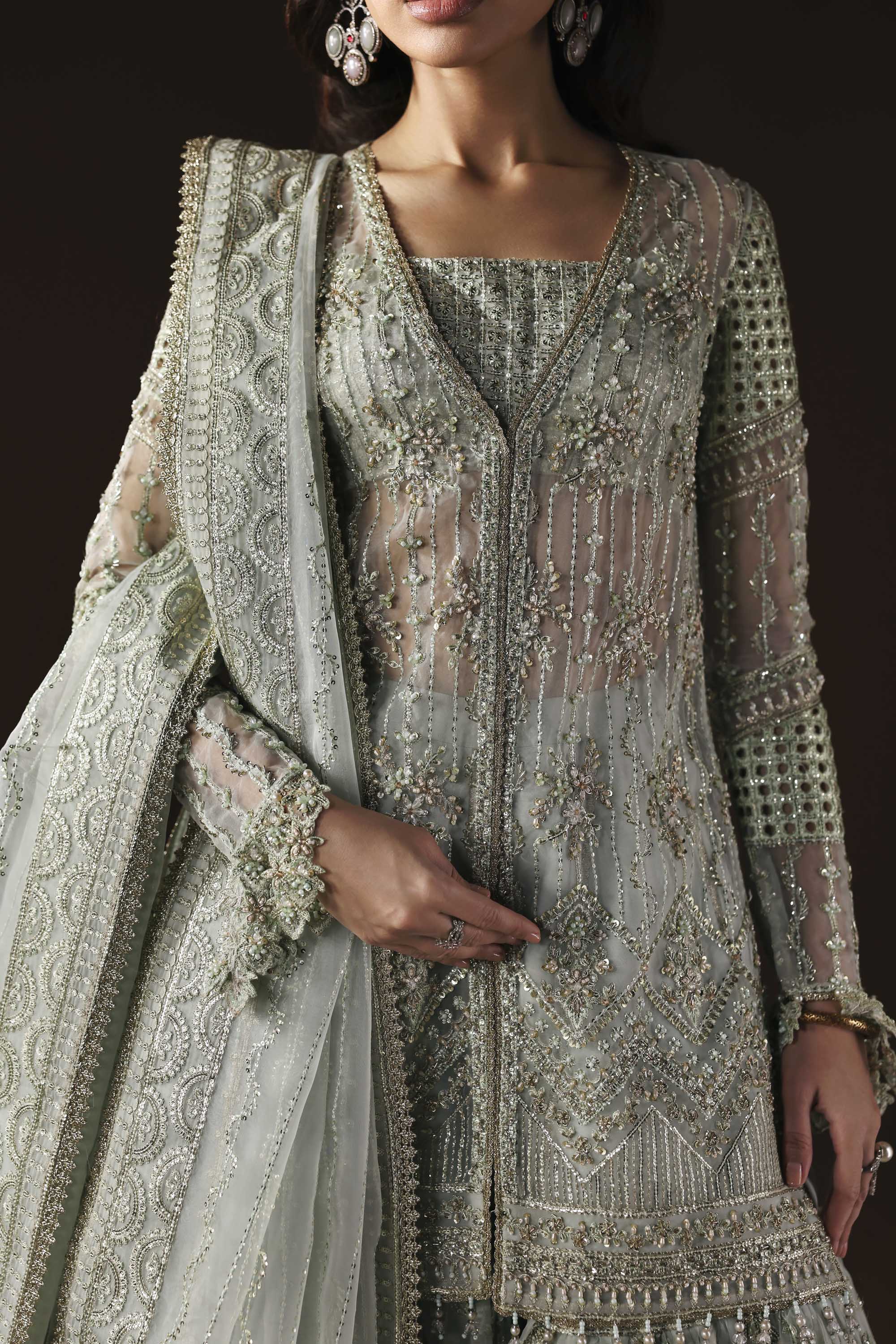 Women Wearing Muse Grey Mint Shirt With Gharara For Luxury Formals Events - Pakistani Designer Wear For Women In UK | Kifat