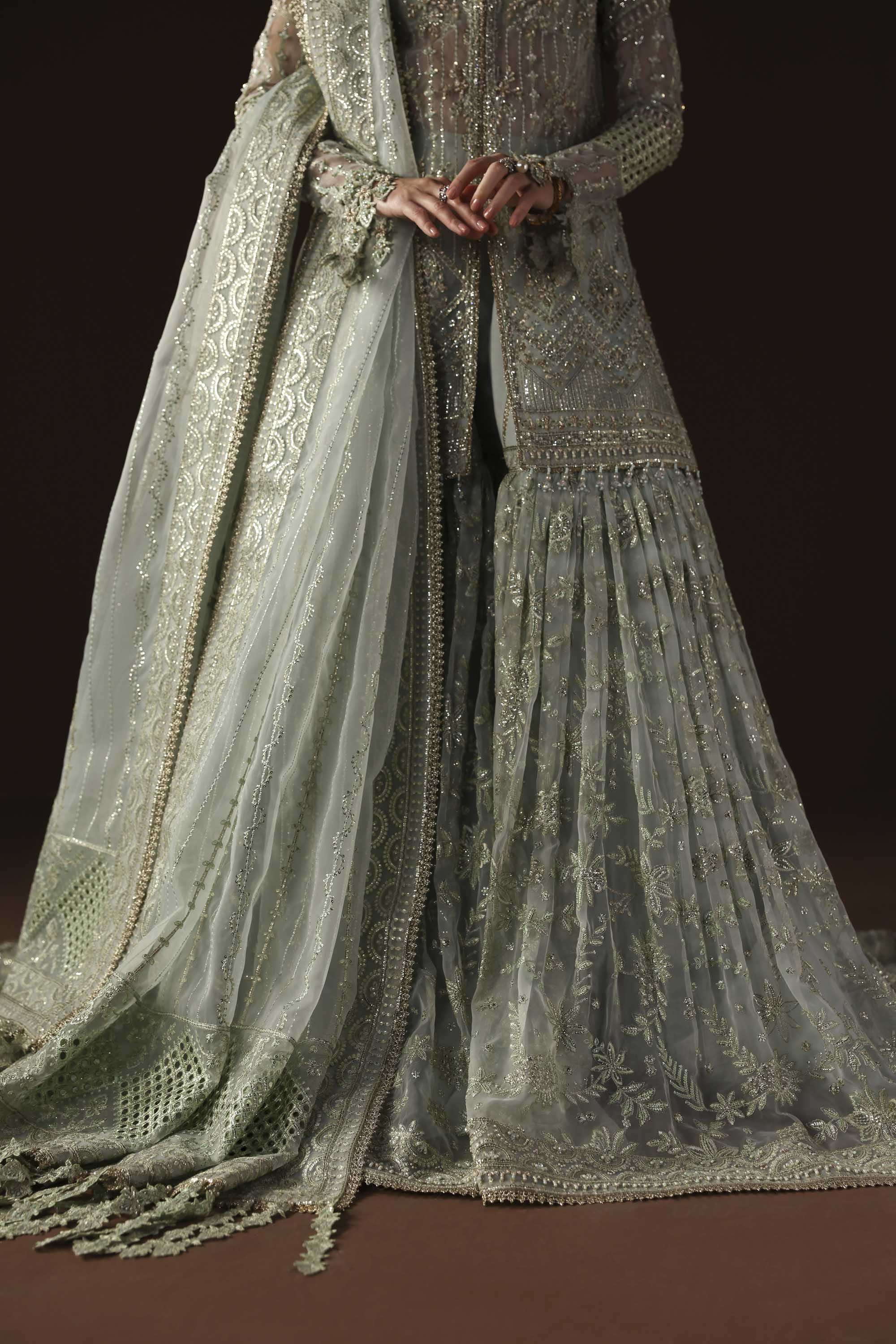 Women Wearing Muse Grey Mint Shirt With Gharara For Luxury Formals Events - Pakistani Designer Wear For Women In UK | Kifat