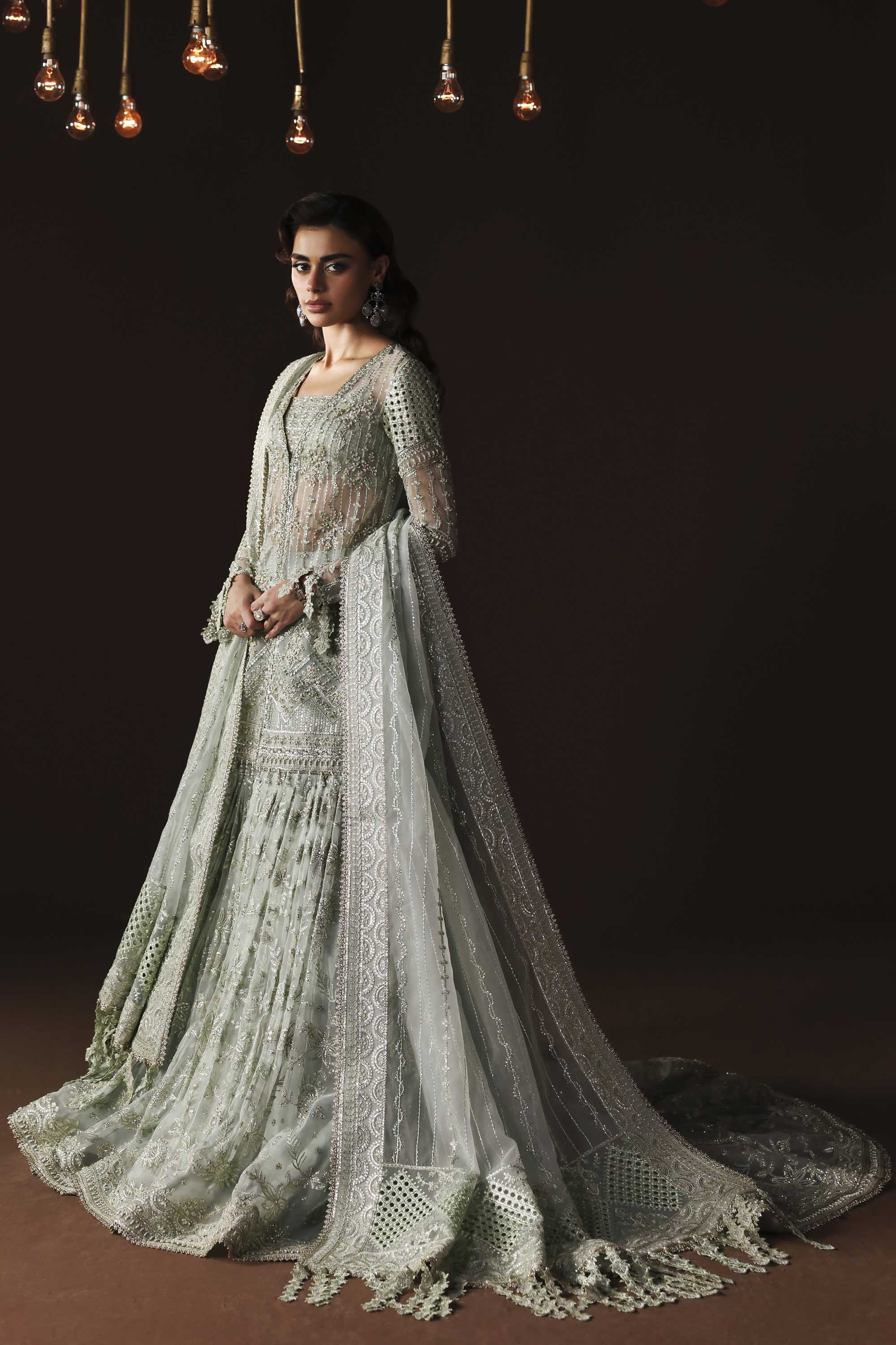 Women Wearing Muse Grey Mint Shirt With Gharara For Luxury Formals Events - Pakistani Designer Wear For Women In UK | Kifat