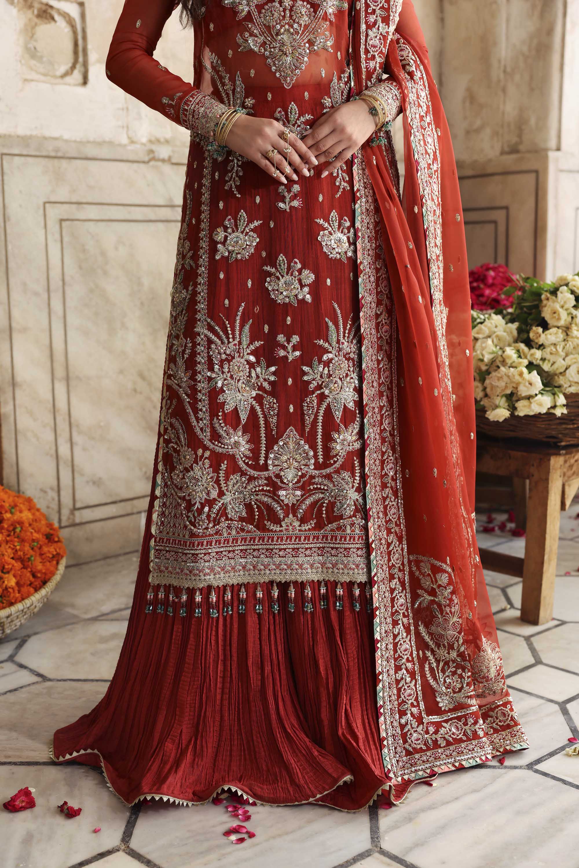 Women Wearing Zarbaft Orange Red Long Shirt With Sharara For Formals Events - Pakistani Designer Wear For Women In UK | Kifat