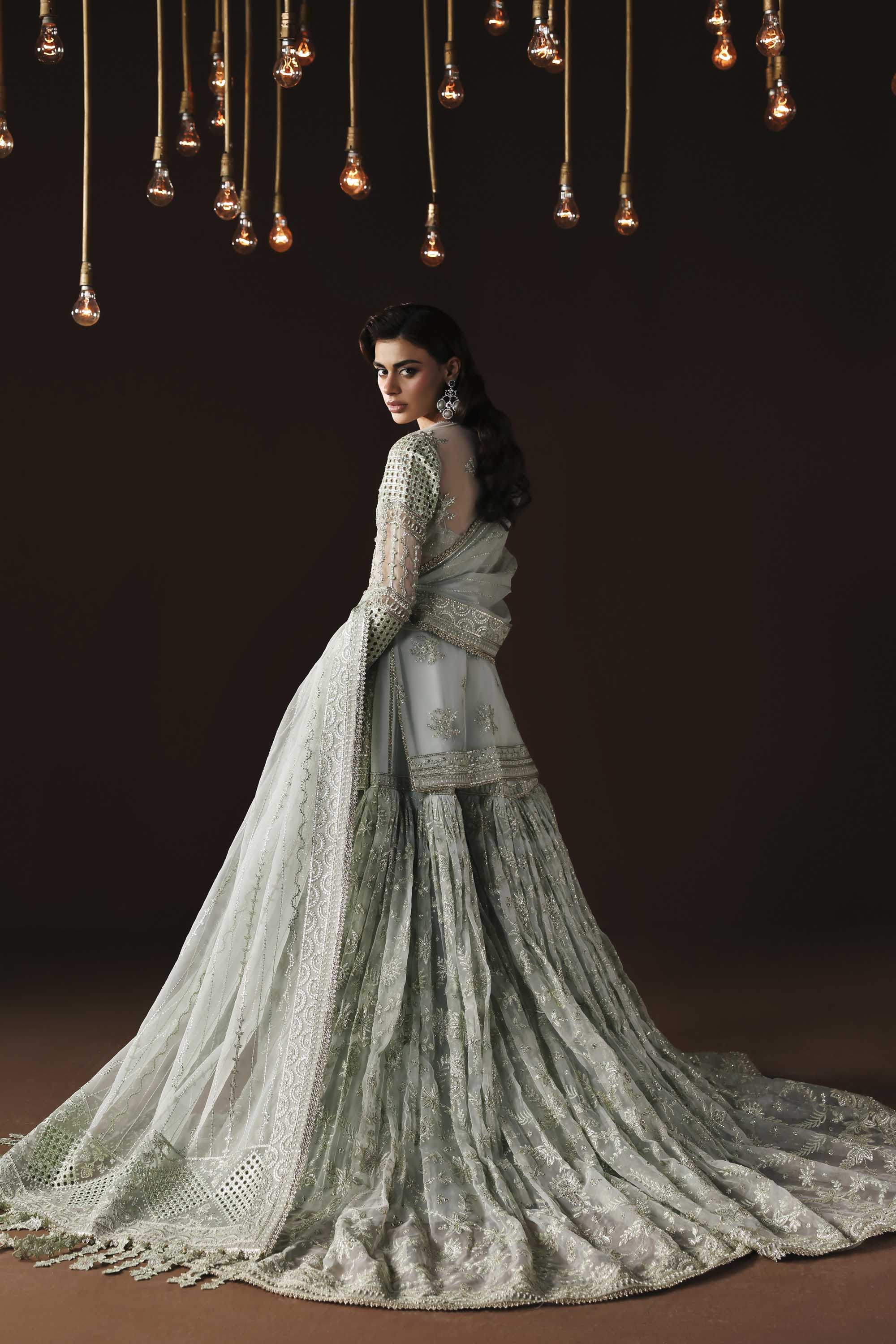 Women Wearing Muse Grey Mint Shirt With Gharara For Luxury Formals Events - Pakistani Designer Wear For Women In UK | Kifat