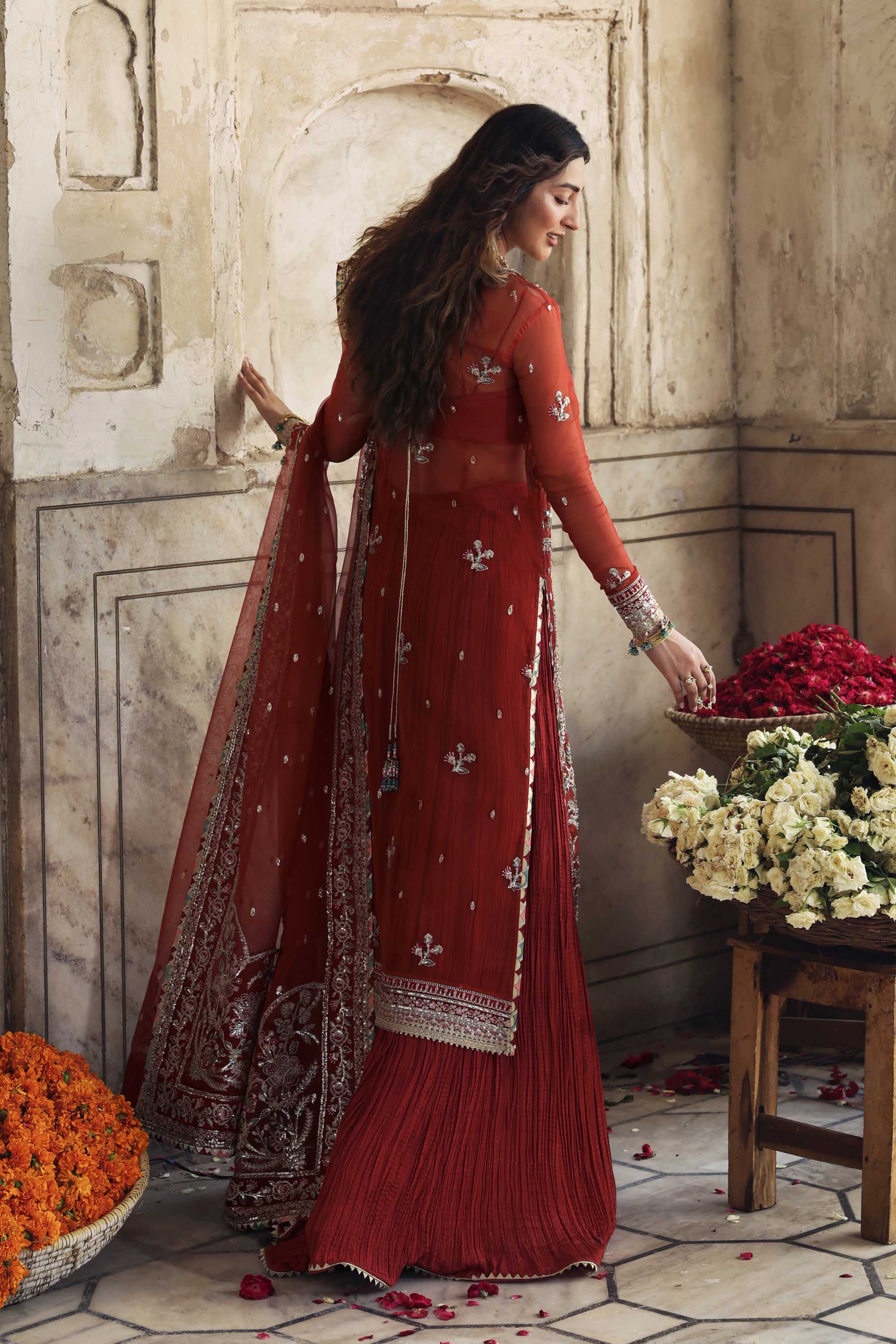 Women Wearing Zarbaft Orange Red Long Shirt With Sharara For Formals Events - Pakistani Designer Wear For Women In UK | Kifat