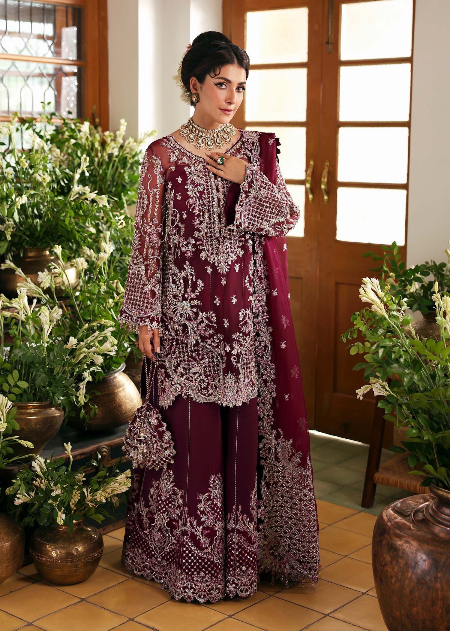 Kanwal Malik Safiya Plum Short Shirt with Sharara for Bridal wear, Guest of Formal Wedding - Pakistani Designer Wear for Women in UK | Kifat