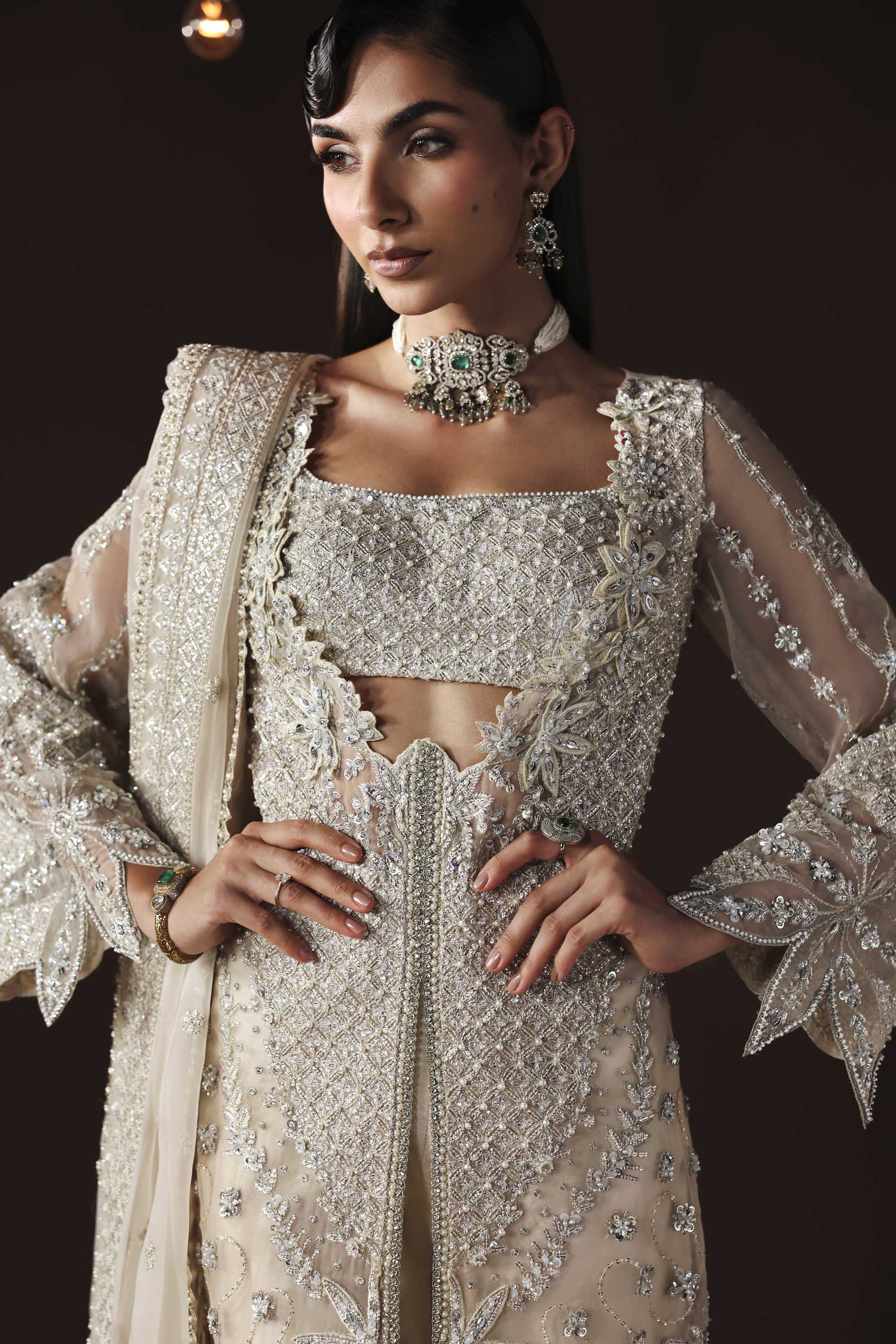 Women Wearing Hazel Silver Front Open Shirt For Luxury Formals Events - Pakistani Designer Wear For Women In UK | Kifat