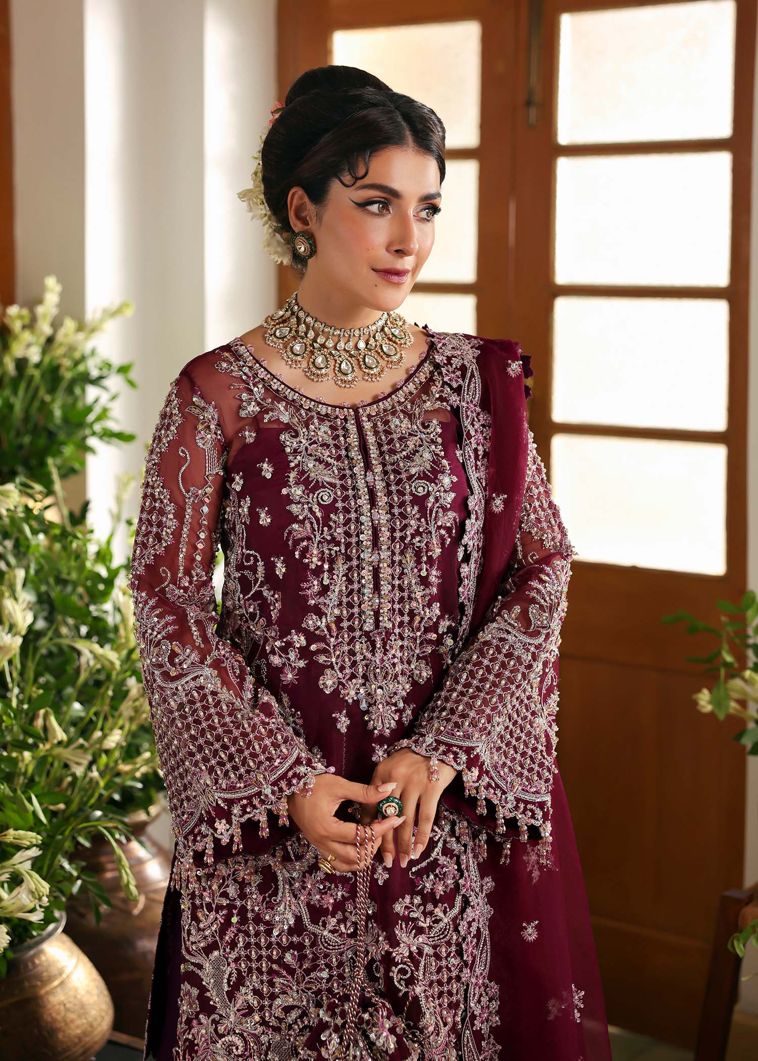 Kanwal Malik Safiya Plum Short Shirt with Sharara for Bridal wear, Guest of Formal Wedding - Pakistani Designer Wear for Women in UK | Kifat
