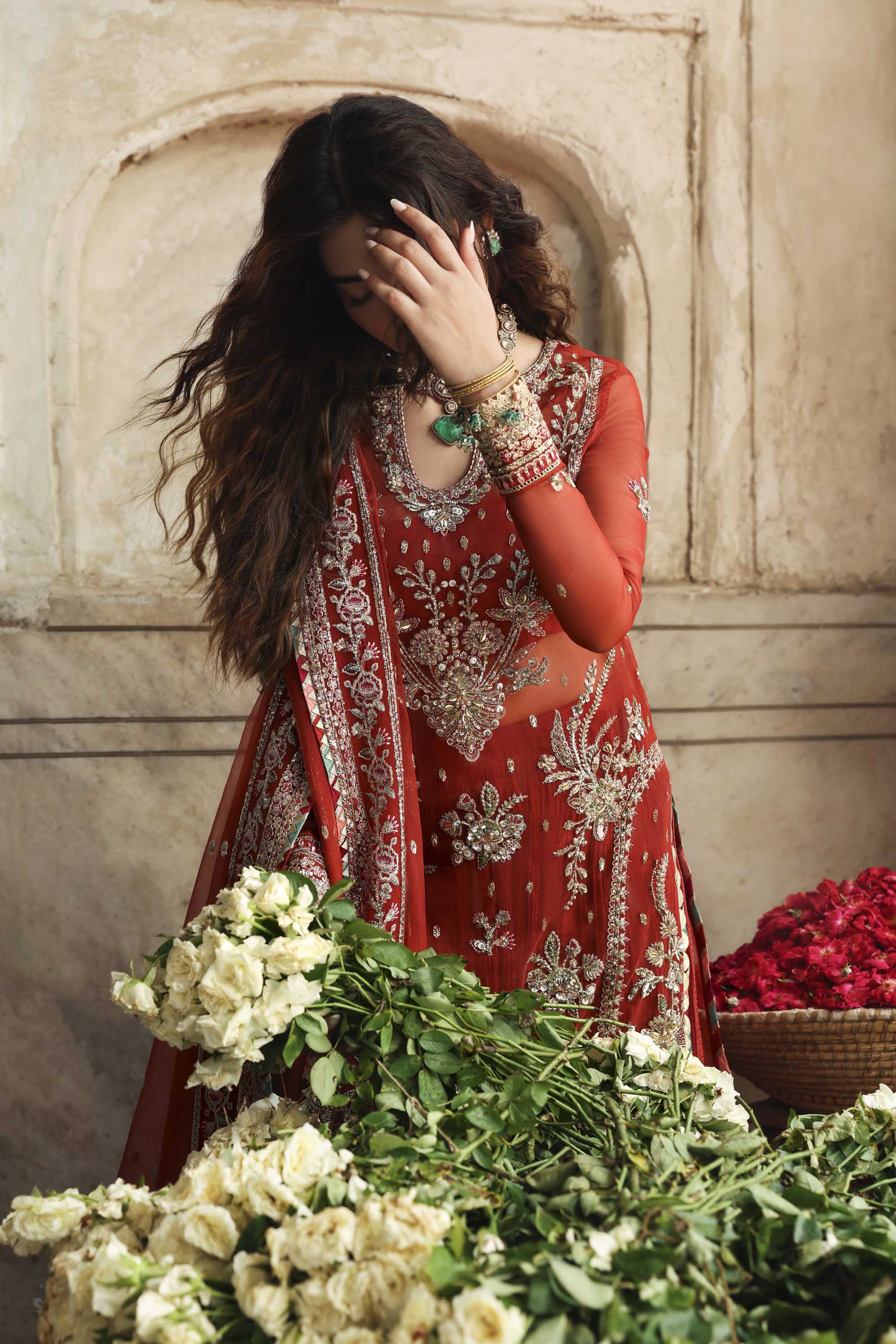 Women Wearing Zarbaft Orange Red Long Shirt With Sharara For Formals Events - Pakistani Designer Wear For Women In UK | Kifat