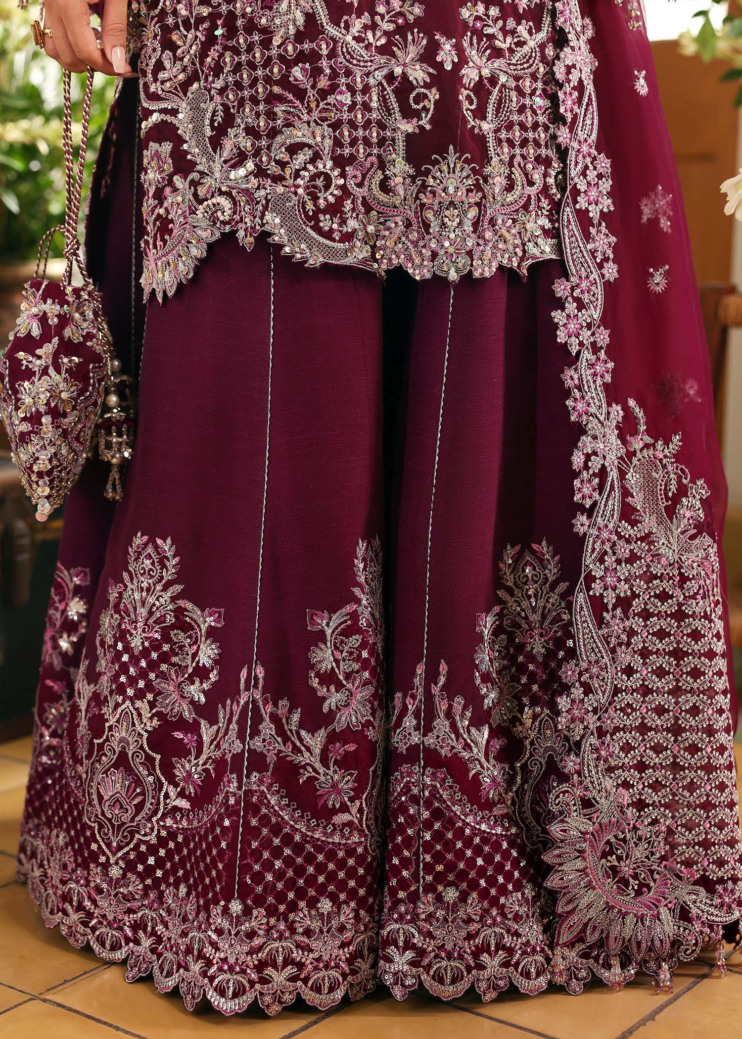 Kanwal Malik Safiya Plum Short Shirt with Sharara for Bridal wear, Guest of Formal Wedding - Pakistani Designer Wear for Women in UK | Kifat