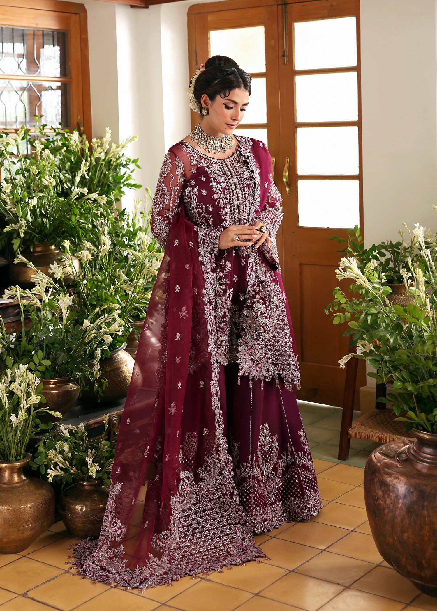 Kanwal Malik Safiya Plum Short Shirt with Sharara for Bridal wear, Guest of Formal Wedding - Pakistani Designer Wear for Women in UK | Kifat