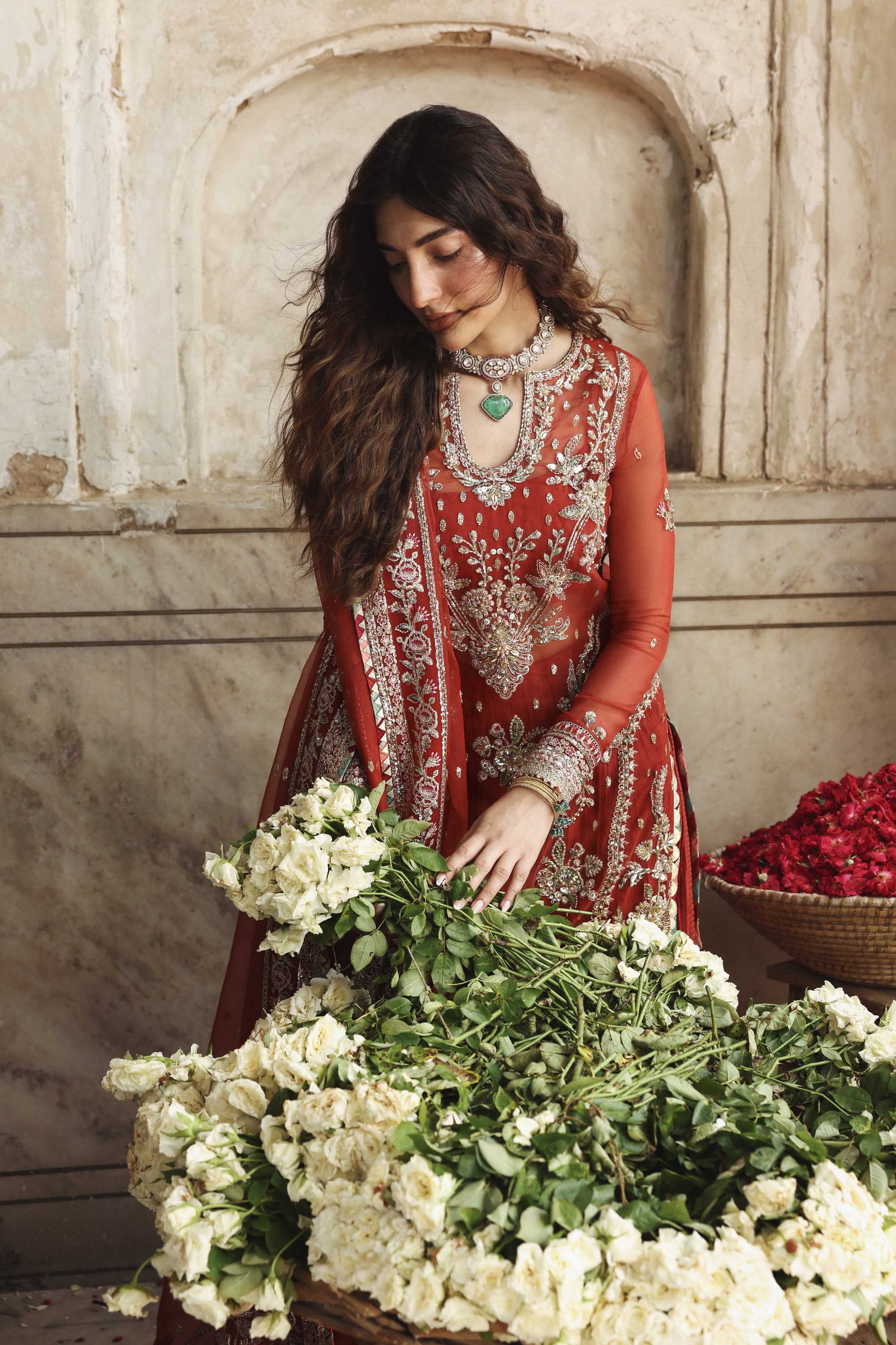 Women Wearing Zarbaft Orange Red Long Shirt With Sharara For Formals Events - Pakistani Designer Wear For Women In UK | Kifat