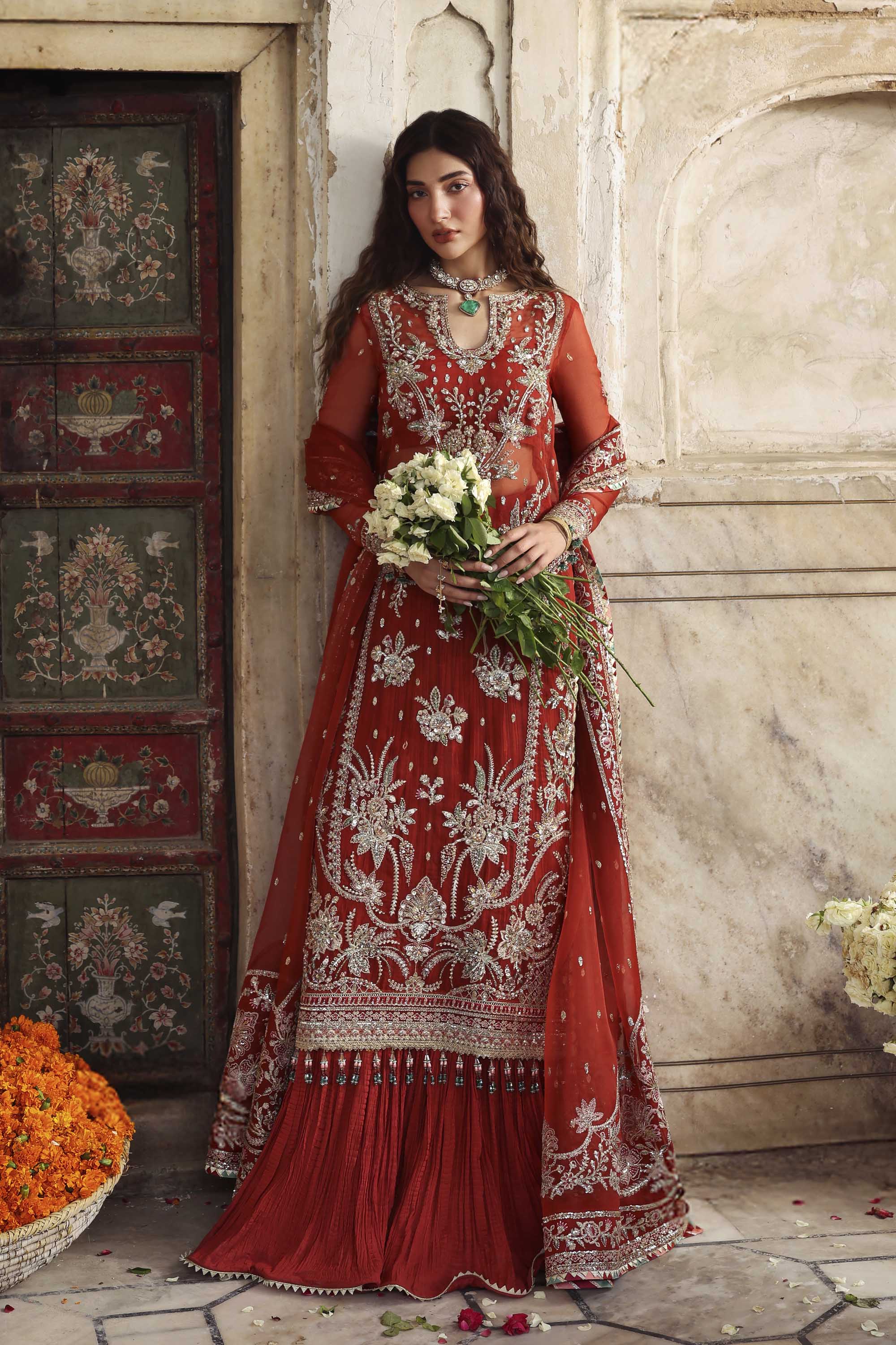 Women Wearing Zarbaft Orange Red Long Shirt With Sharara For Formals Events - Pakistani Designer Wear For Women In UK | Kifat
