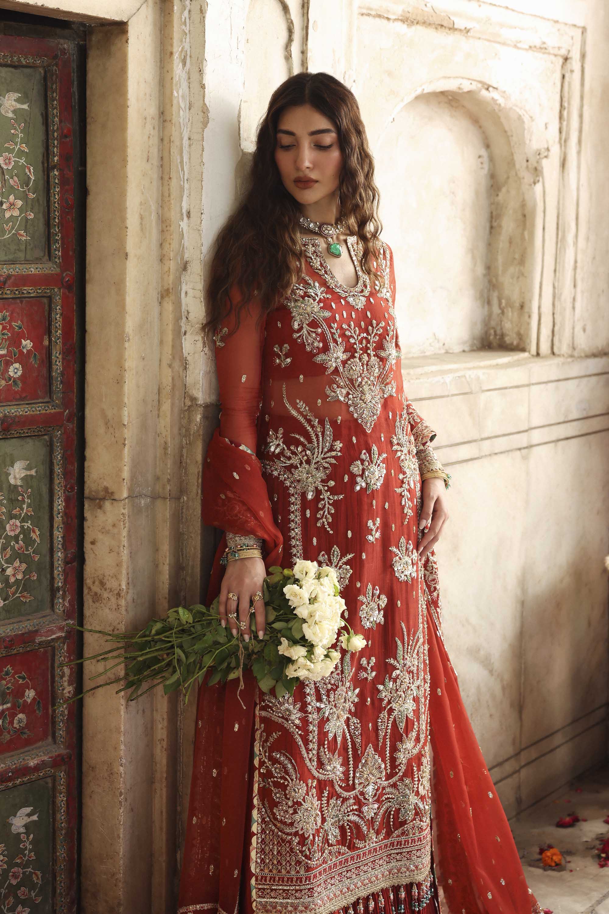 Women Wearing Zarbaft Orange Red Long Shirt With Sharara For Formals Events - Pakistani Designer Wear For Women In UK | Kifat
