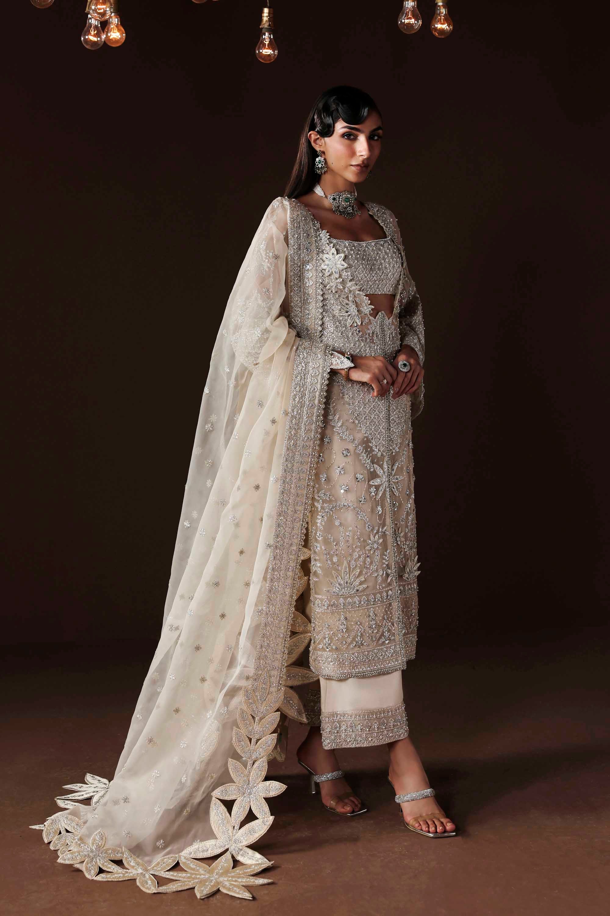 Women Wearing Hazel Silver Front Open Shirt For Luxury Formals Events - Pakistani Designer Wear For Women In UK | Kifat