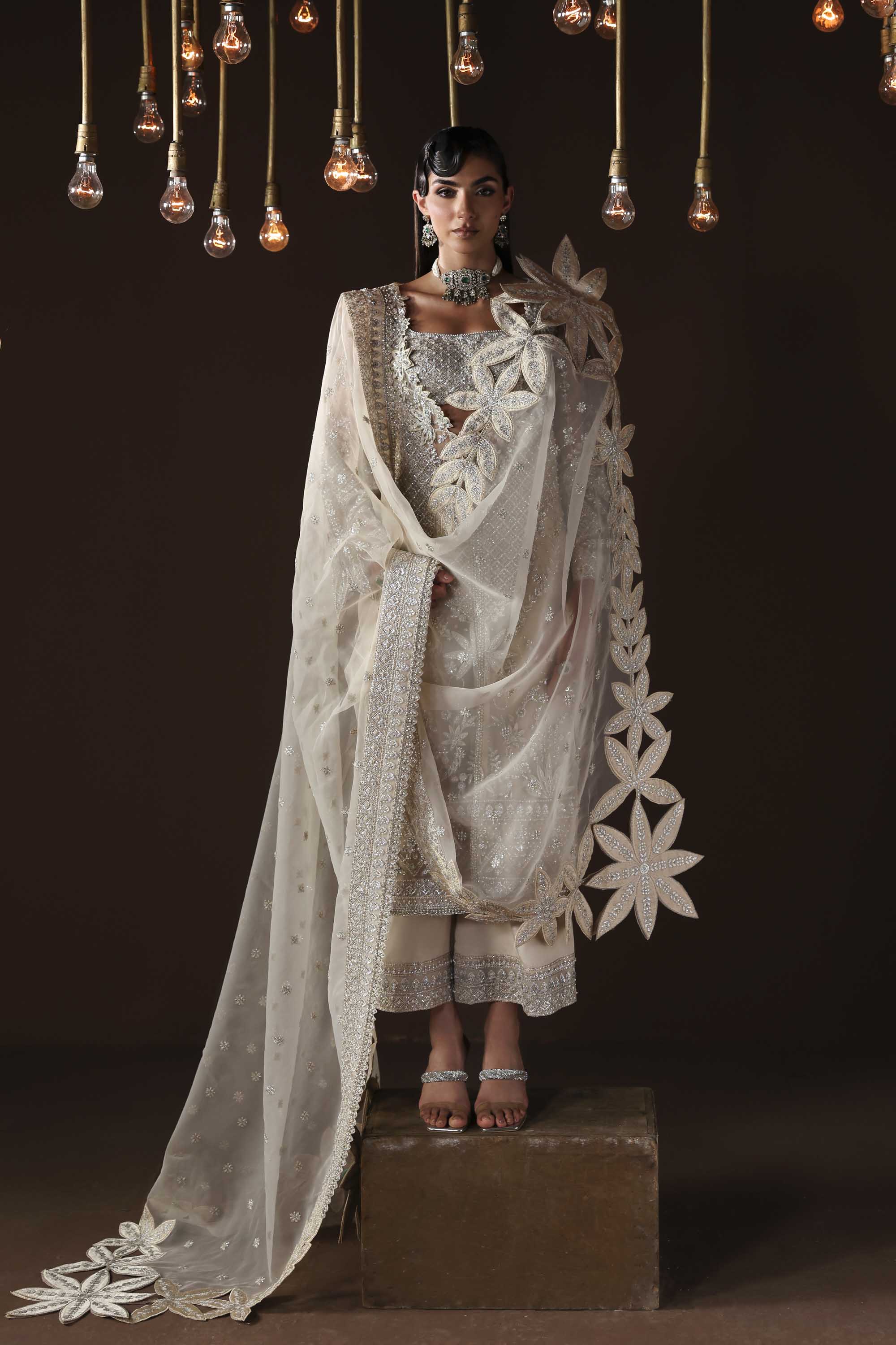 Women Wearing Hazel Silver Front Open Shirt For Luxury Formals Events - Pakistani Designer Wear For Women In UK | Kifat