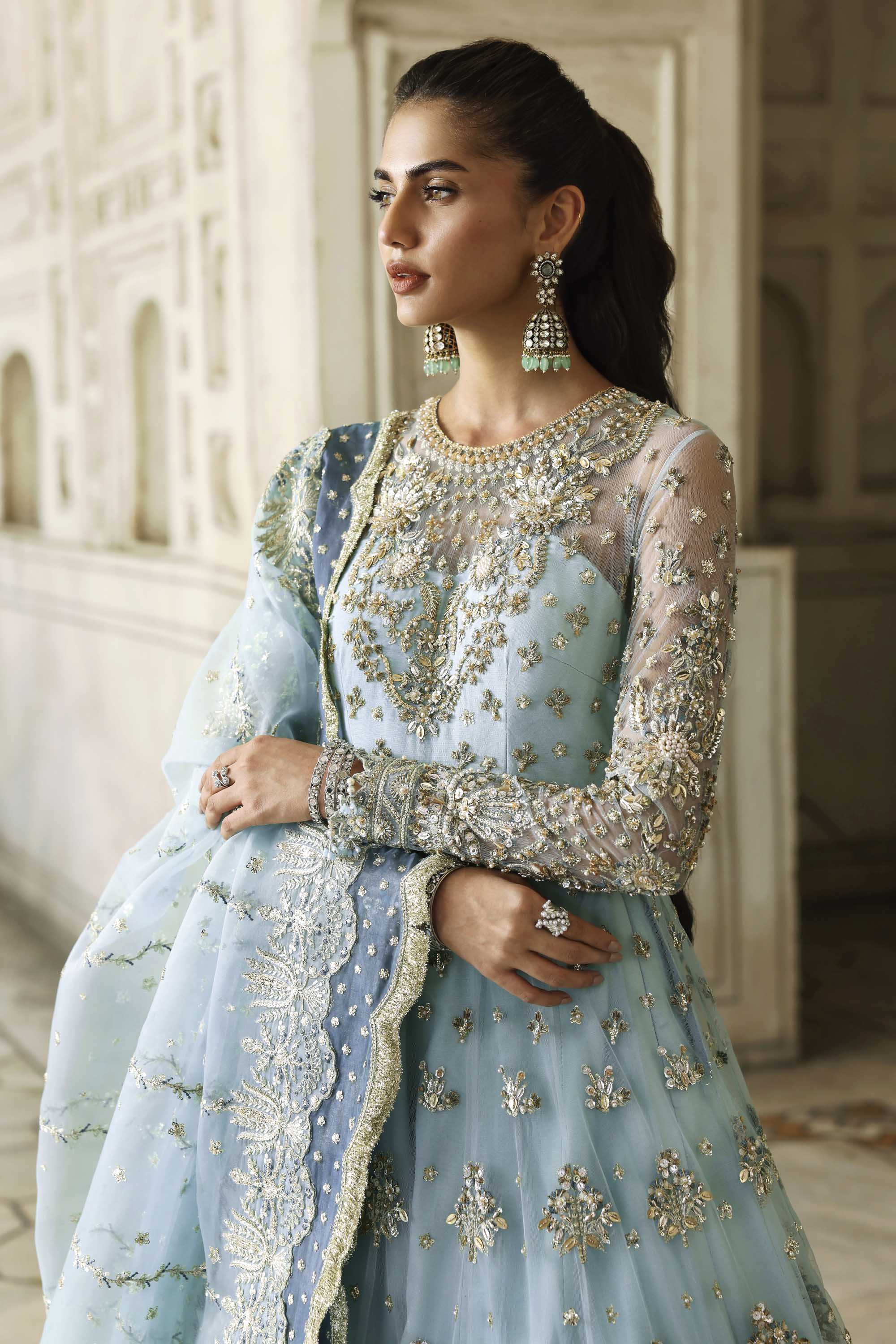 Women Wearing Rumul Ice Blue Peshwas For Formals Events - Pakistani Designer Wear For Women In UK | Kifat