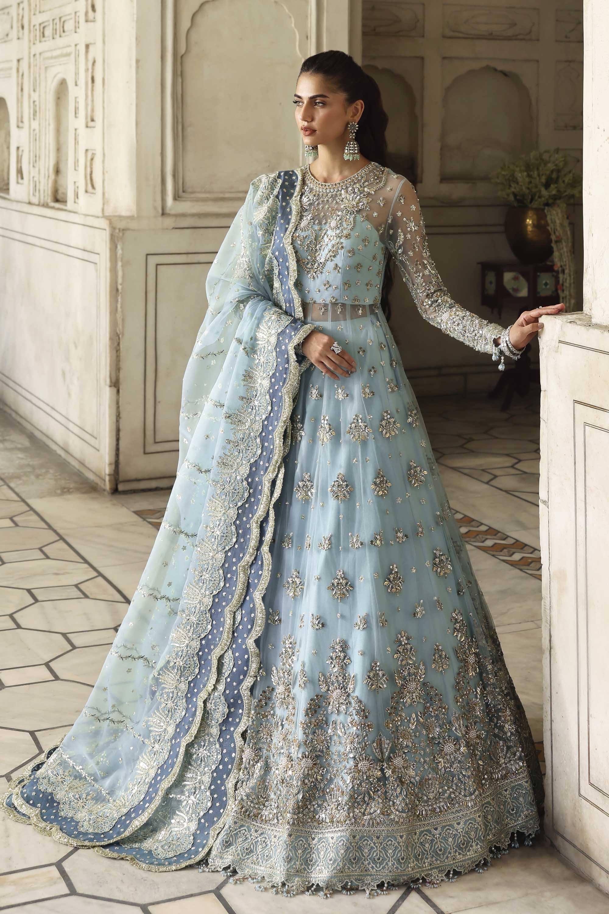 Women Wearing Rumul Ice Blue Peshwas For Formals Events - Pakistani Designer Wear For Women In UK | Kifat