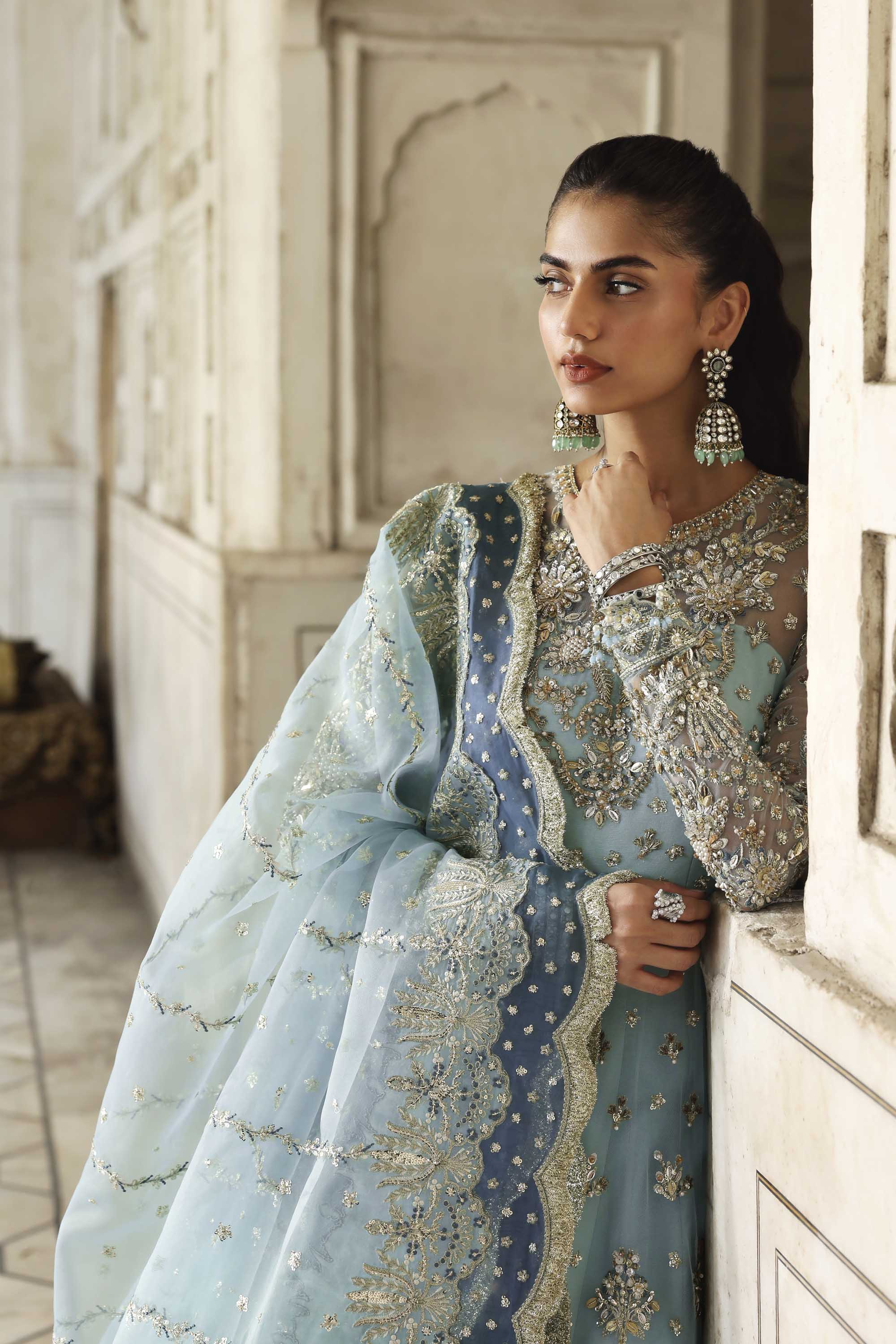 Women Wearing Rumul Ice Blue Peshwas For Formals Events - Pakistani Designer Wear For Women In UK | Kifat