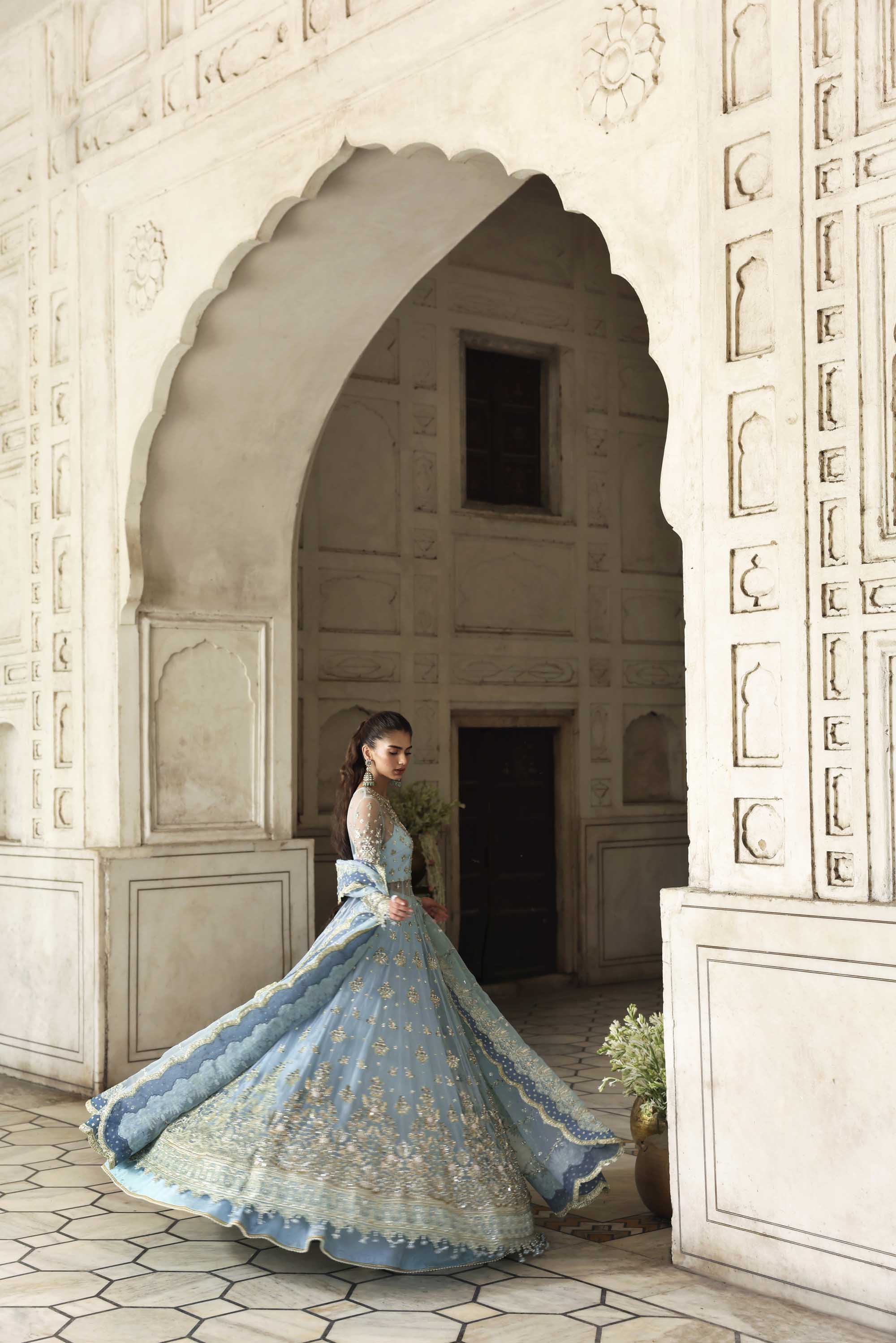 Women Wearing Rumul Ice Blue Peshwas For Formals Events - Pakistani Designer Wear For Women In UK | Kifat