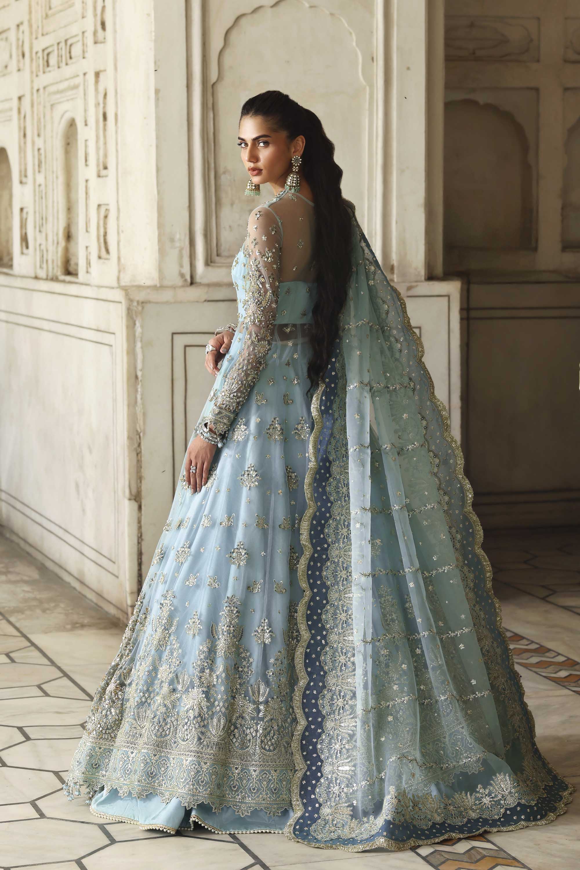 Women Wearing Rumul Ice Blue Peshwas For Formals Events - Pakistani Designer Wear For Women In UK | Kifat