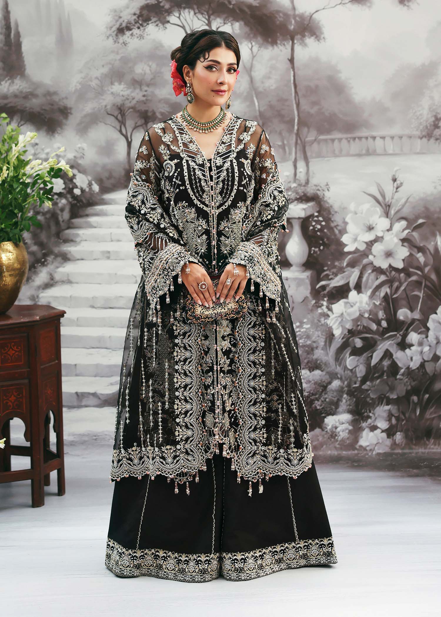 Kanwal Malik Huriya Onyx Long Shirt with Sharara for Bridal wear, Guest of Formal Wedding - Pakistani Designer Wear for Women in UK | Kifat