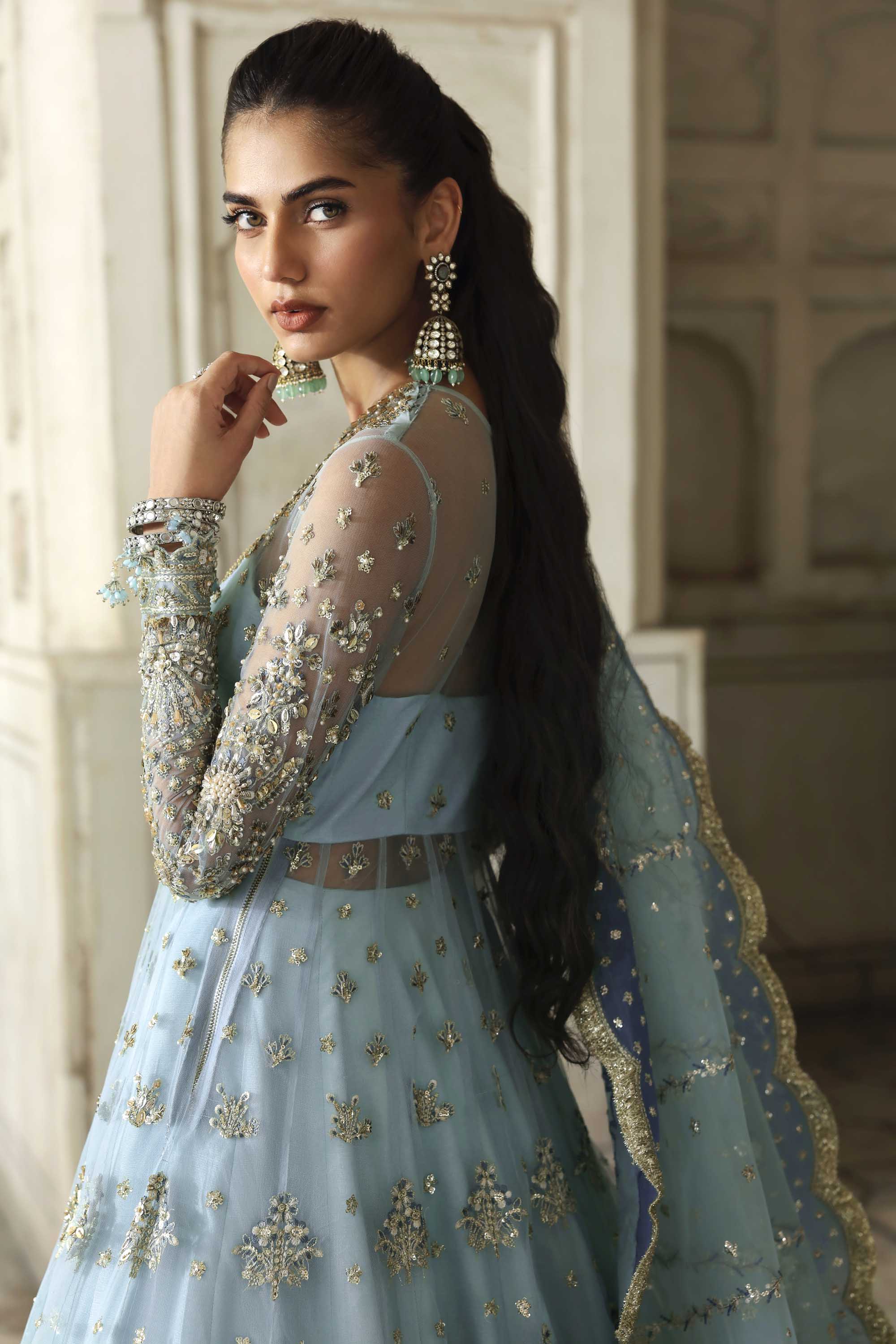 Women Wearing Rumul Ice Blue Peshwas For Formals Events - Pakistani Designer Wear For Women In UK | Kifat