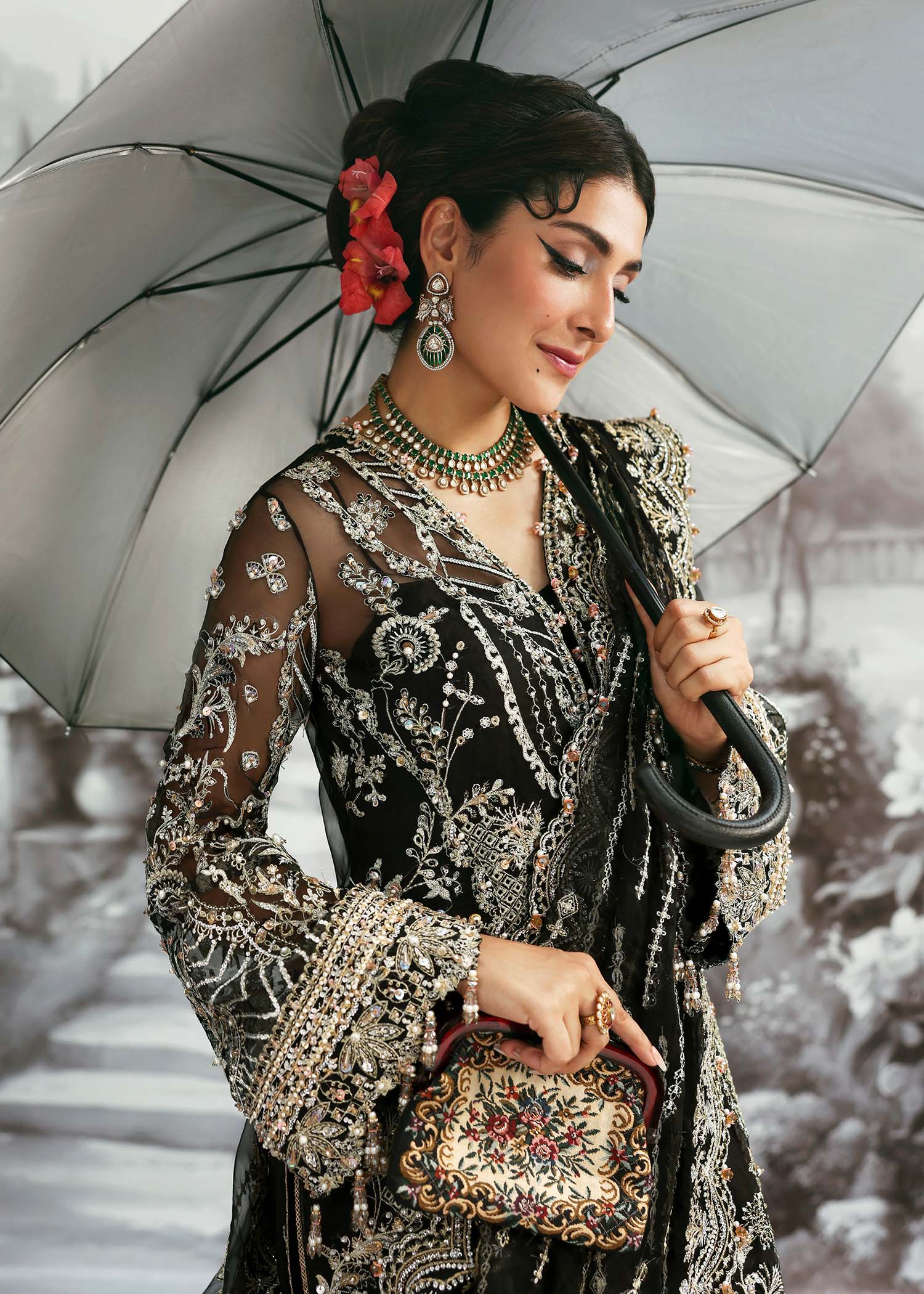 Kanwal Malik Huriya Onyx Long Shirt with Sharara for Bridal wear, Guest of Formal Wedding - Pakistani Designer Wear for Women in UK | Kifat