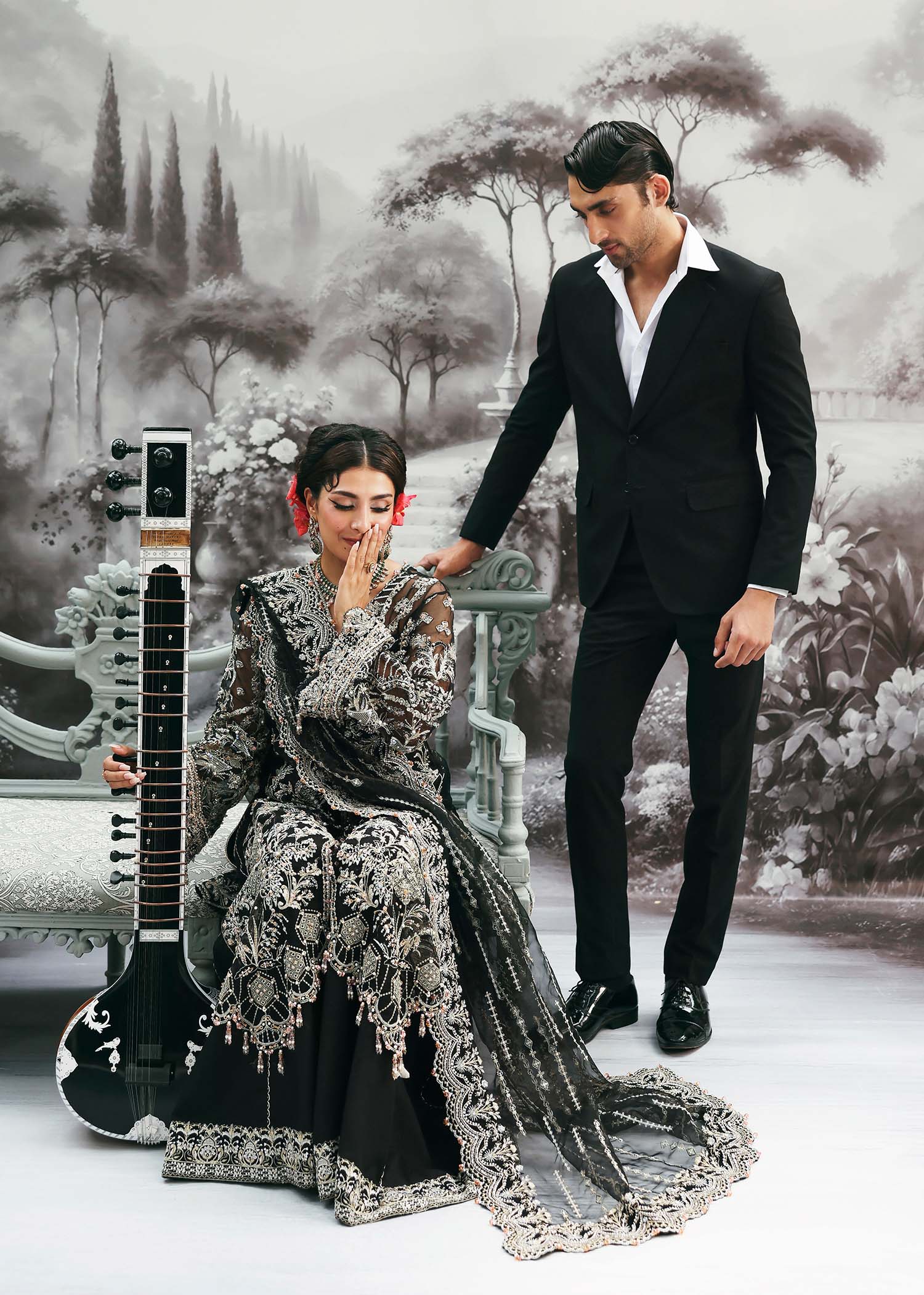 Kanwal Malik Huriya Onyx Long Shirt with Sharara for Bridal wear, Guest of Formal Wedding - Pakistani Designer Wear for Women in UK | Kifat