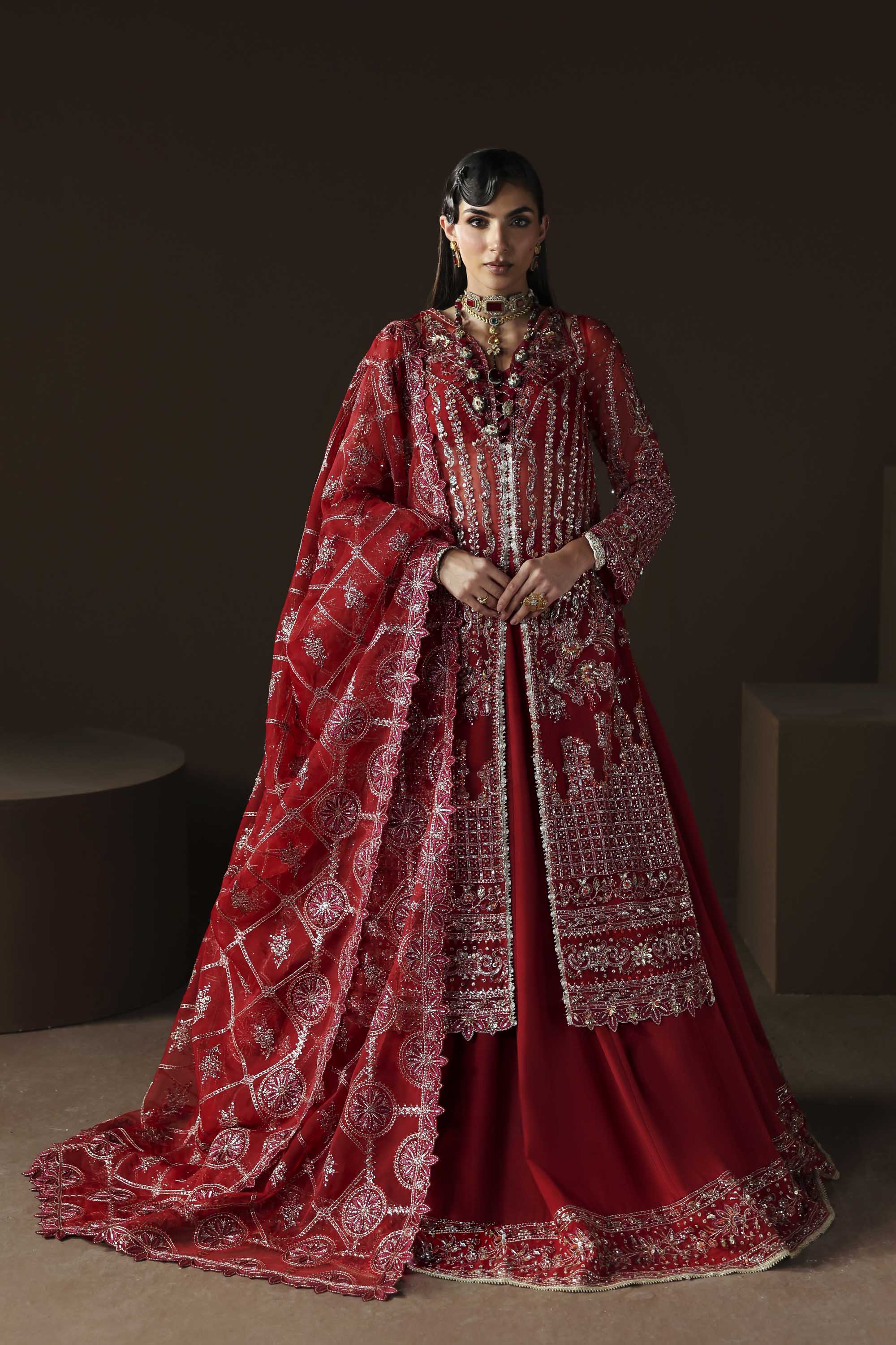 Women Wearing Oracle Red Front Open Shirt For Luxury Formals Events - Pakistani Designer Wear For Women In UK | Kifat