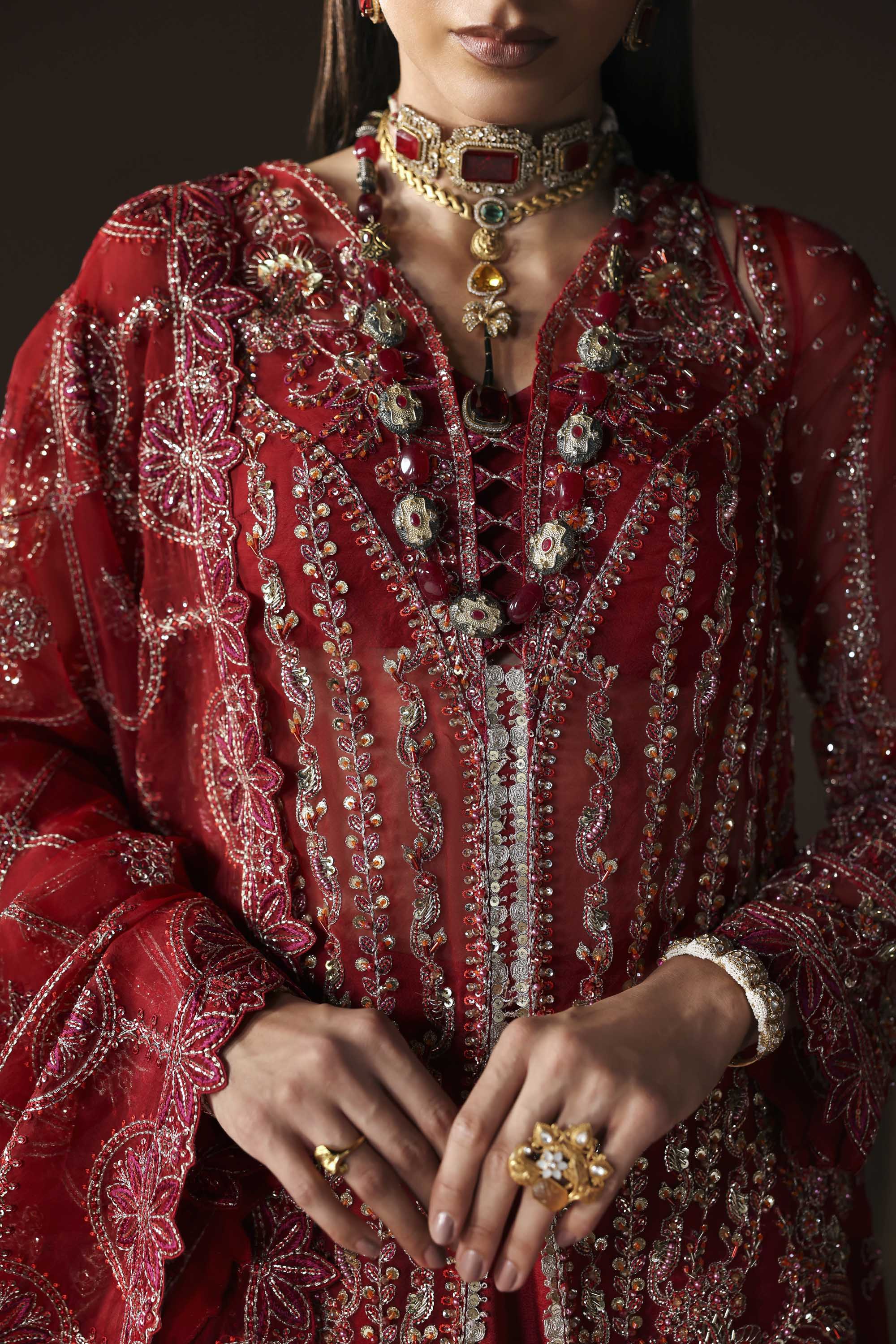 Women Wearing Oracle Red Front Open Shirt For Luxury Formals Events - Pakistani Designer Wear For Women In UK | Kifat