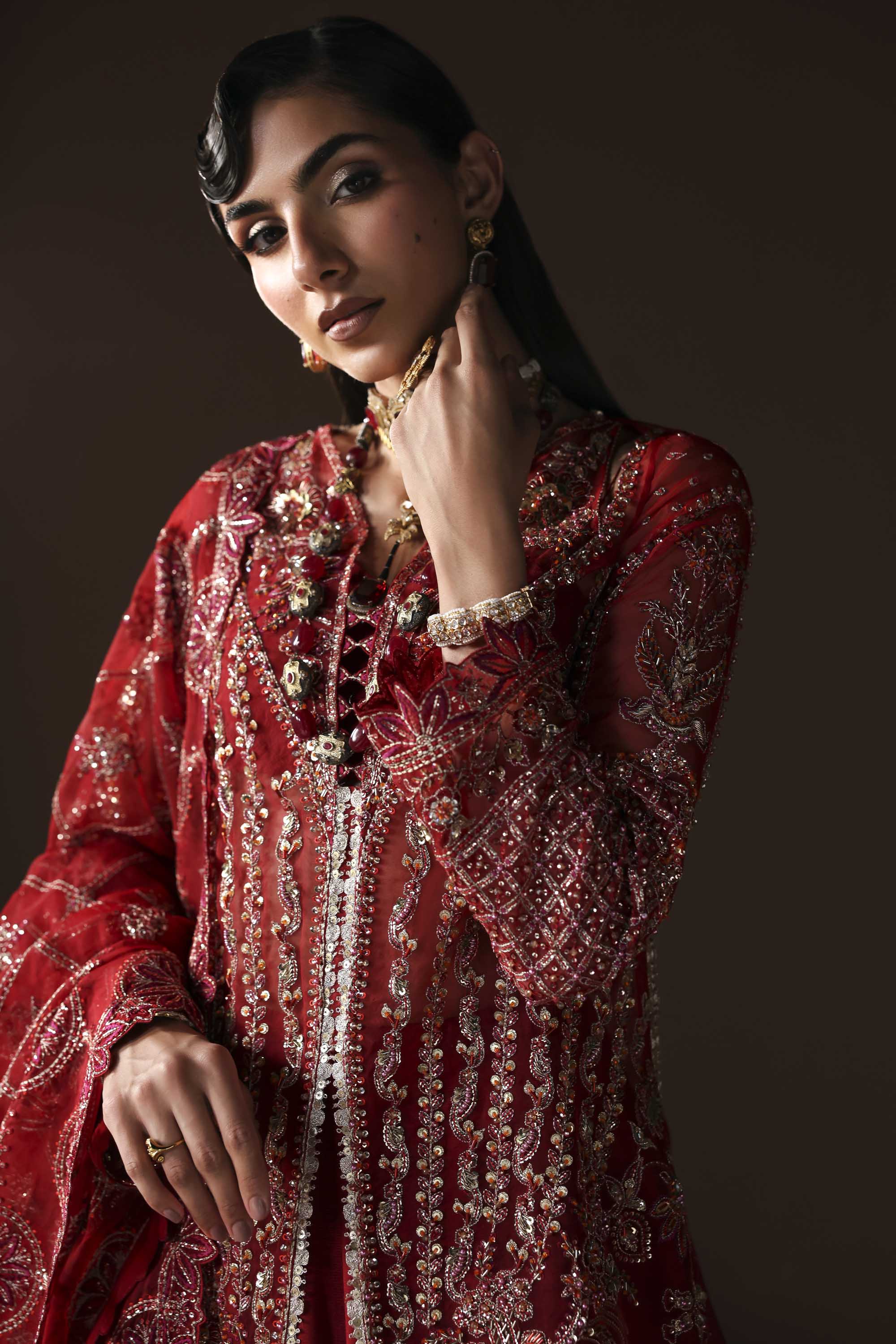 Women Wearing Oracle Red Front Open Shirt For Luxury Formals Events - Pakistani Designer Wear For Women In UK | Kifat