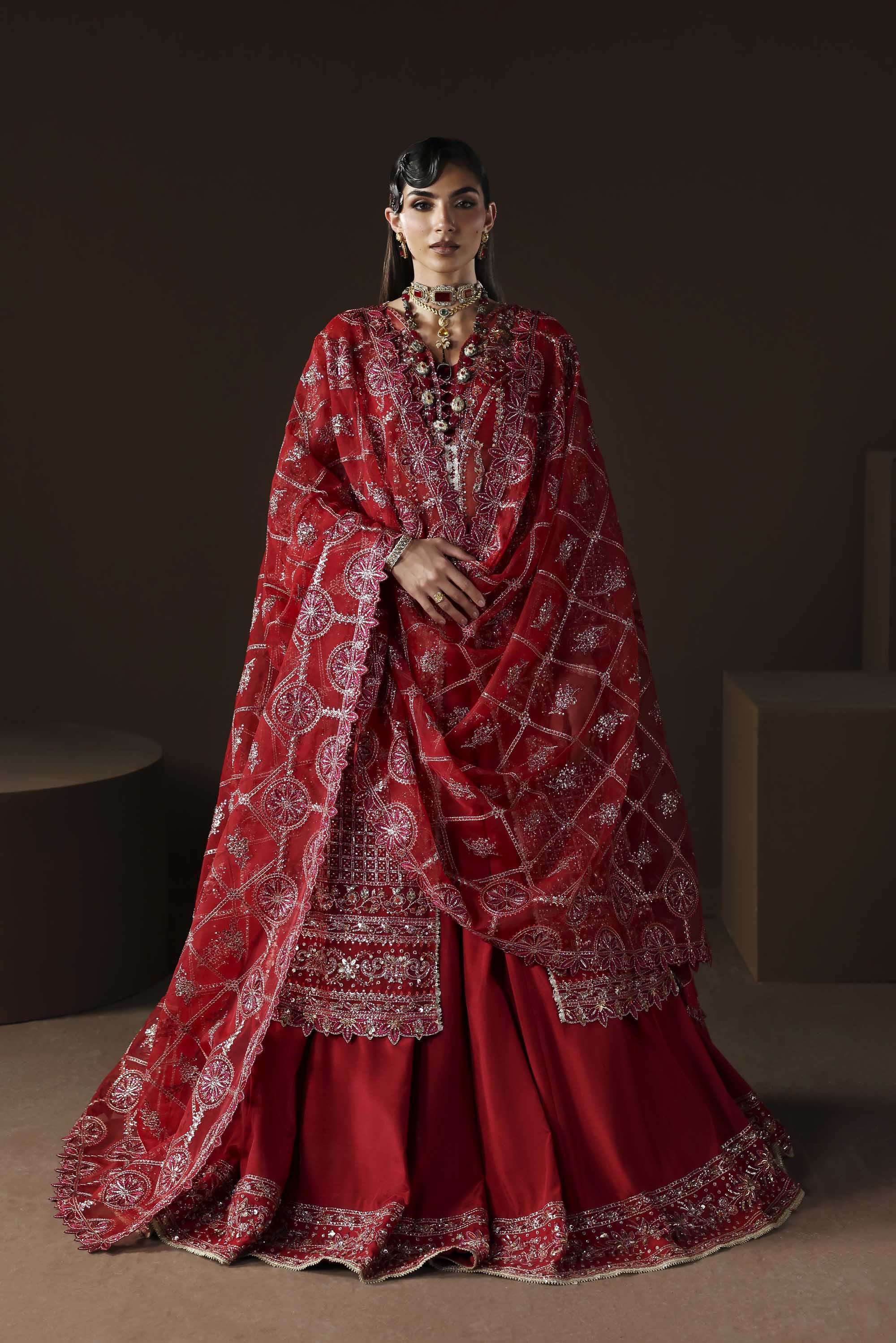 Women Wearing Oracle Red Front Open Shirt For Luxury Formals Events - Pakistani Designer Wear For Women In UK | Kifat