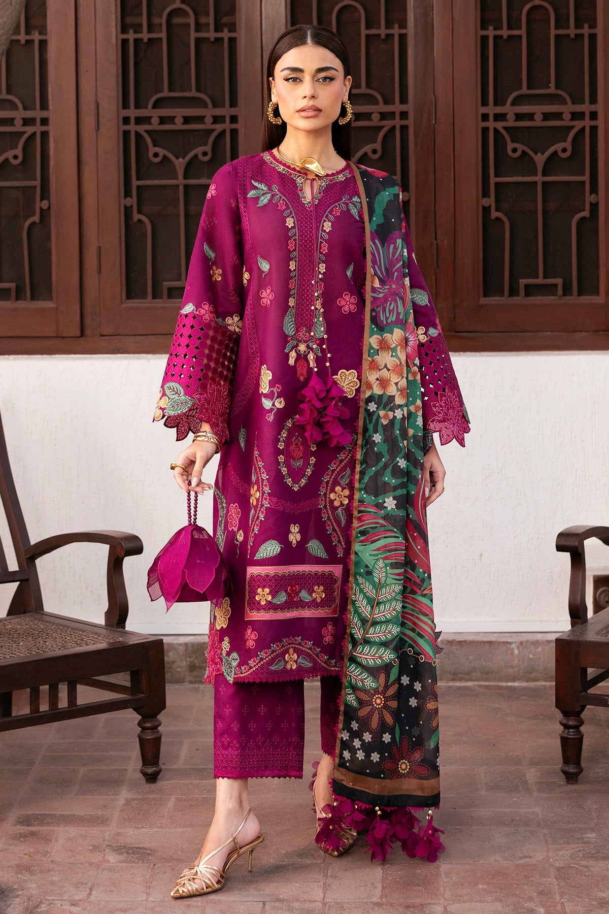 Women Wearing Embroidered Luxury Lawn SL26-D01 Purple Long Shirt for Festive Events - Pakistani Designer Wear for Women in UK | Kifat