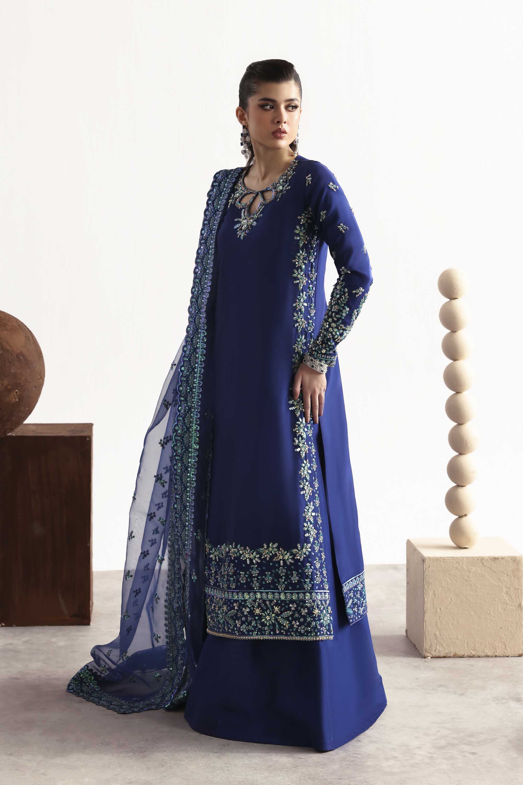 Women Wearing Sapphire Blue Long Shirt For Luxury Formals Events - Pakistani Designer Wear For Women In UK | Kifat