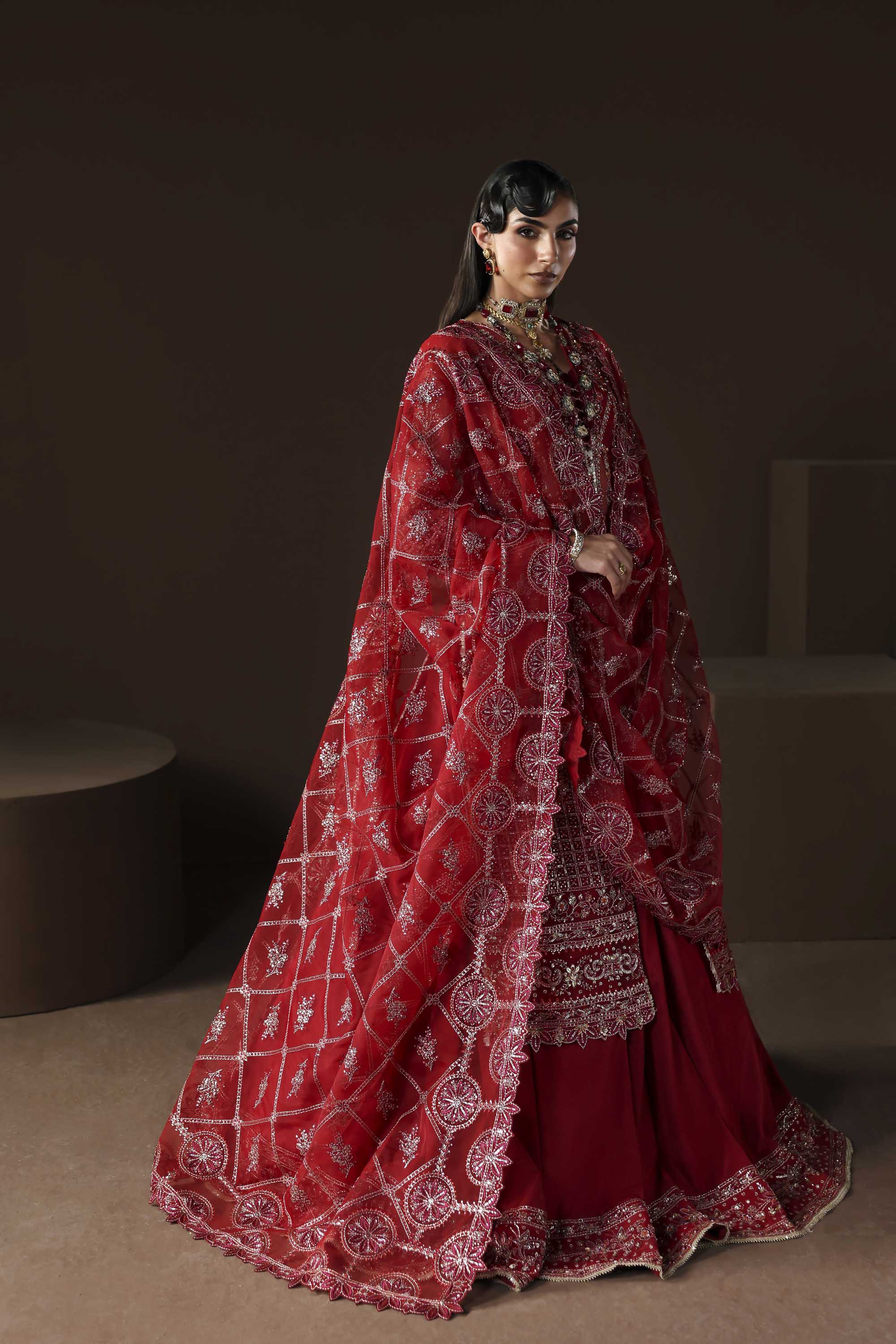 Women Wearing Oracle Red Front Open Shirt For Luxury Formals Events - Pakistani Designer Wear For Women In UK | Kifat