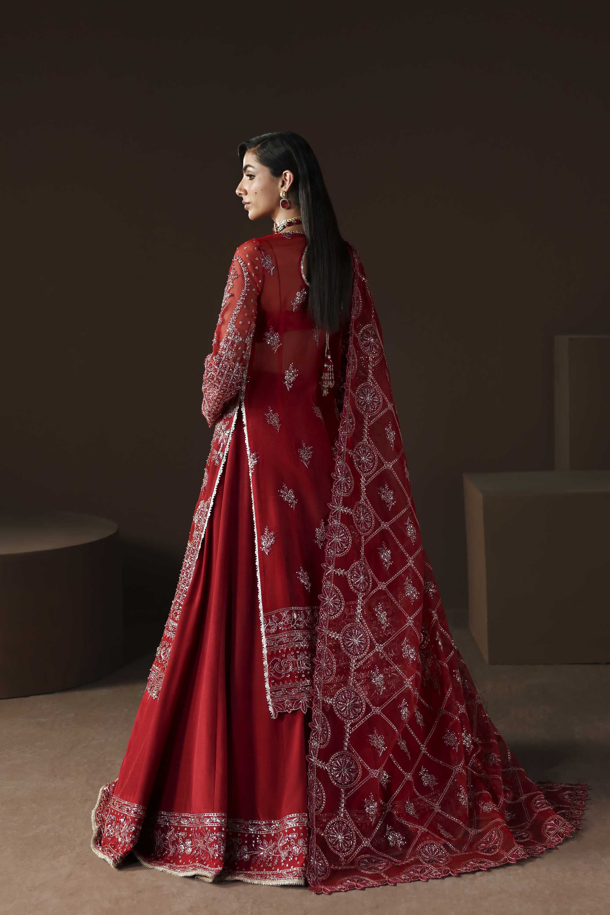 Women Wearing Oracle Red Front Open Shirt For Luxury Formals Events - Pakistani Designer Wear For Women In UK | Kifat