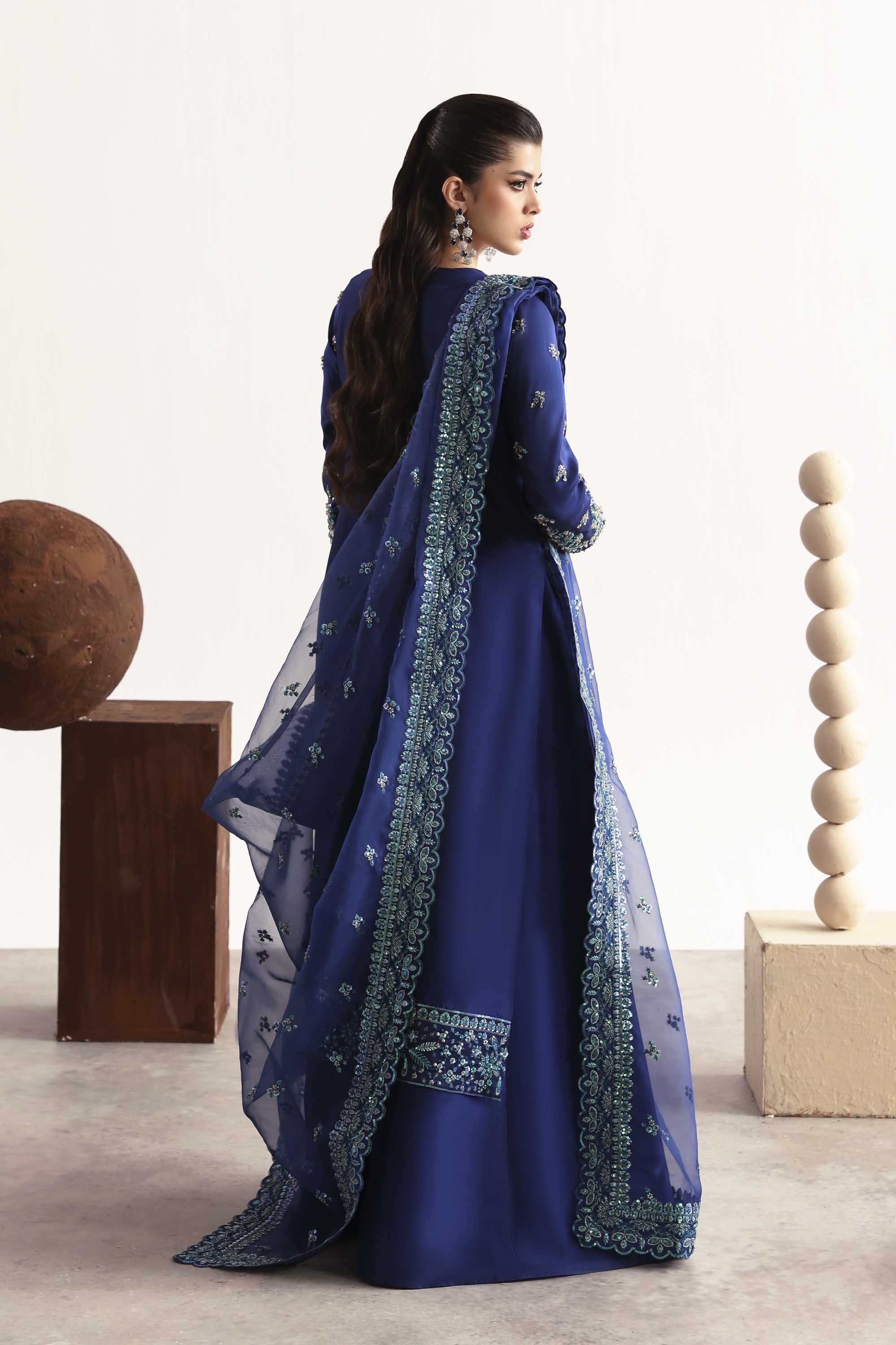 Women Wearing Sapphire Blue Long Shirt For Luxury Formals Events - Pakistani Designer Wear For Women In UK | Kifat