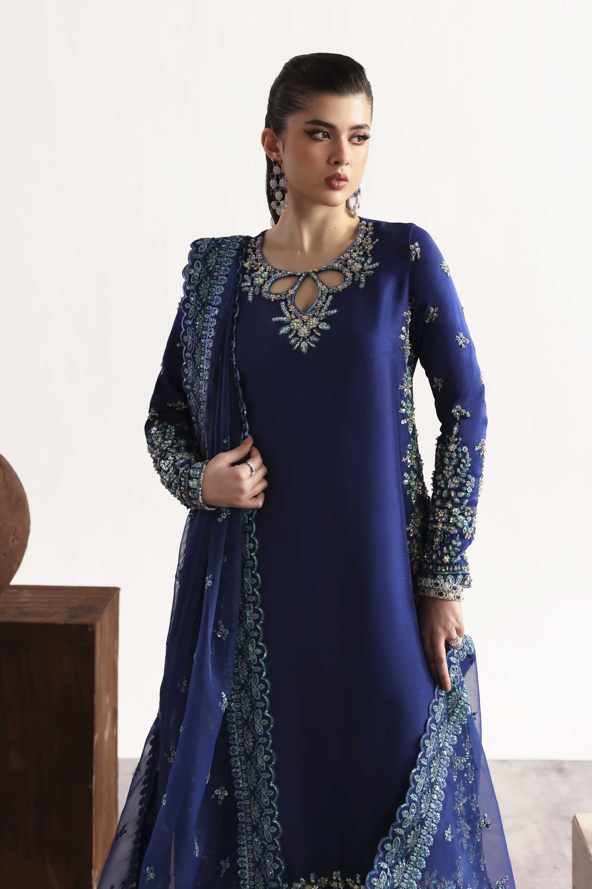 Women Wearing Sapphire Blue Long Shirt For Luxury Formals Events - Pakistani Designer Wear For Women In UK | Kifat