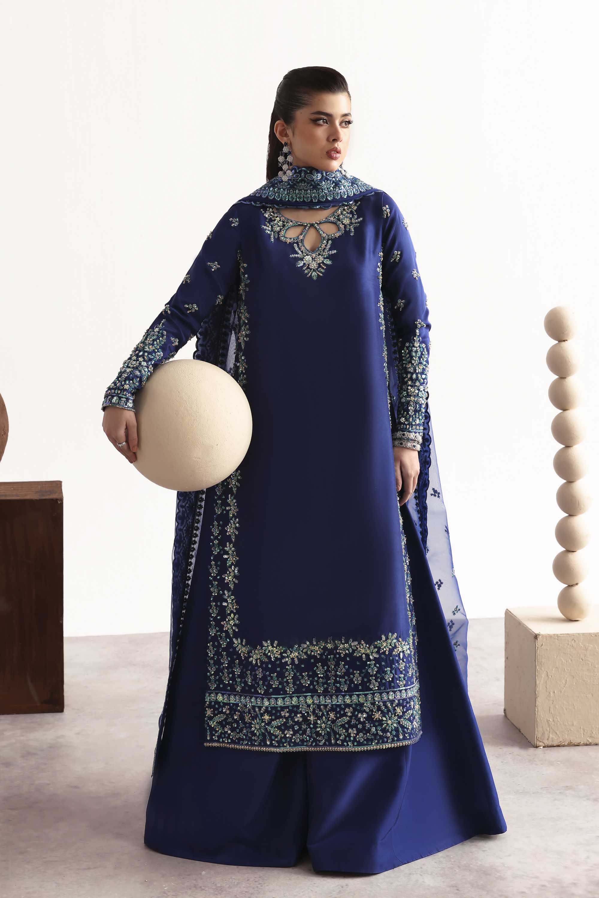Women Wearing Sapphire Blue Long Shirt For Luxury Formals Events - Pakistani Designer Wear For Women In UK | Kifat