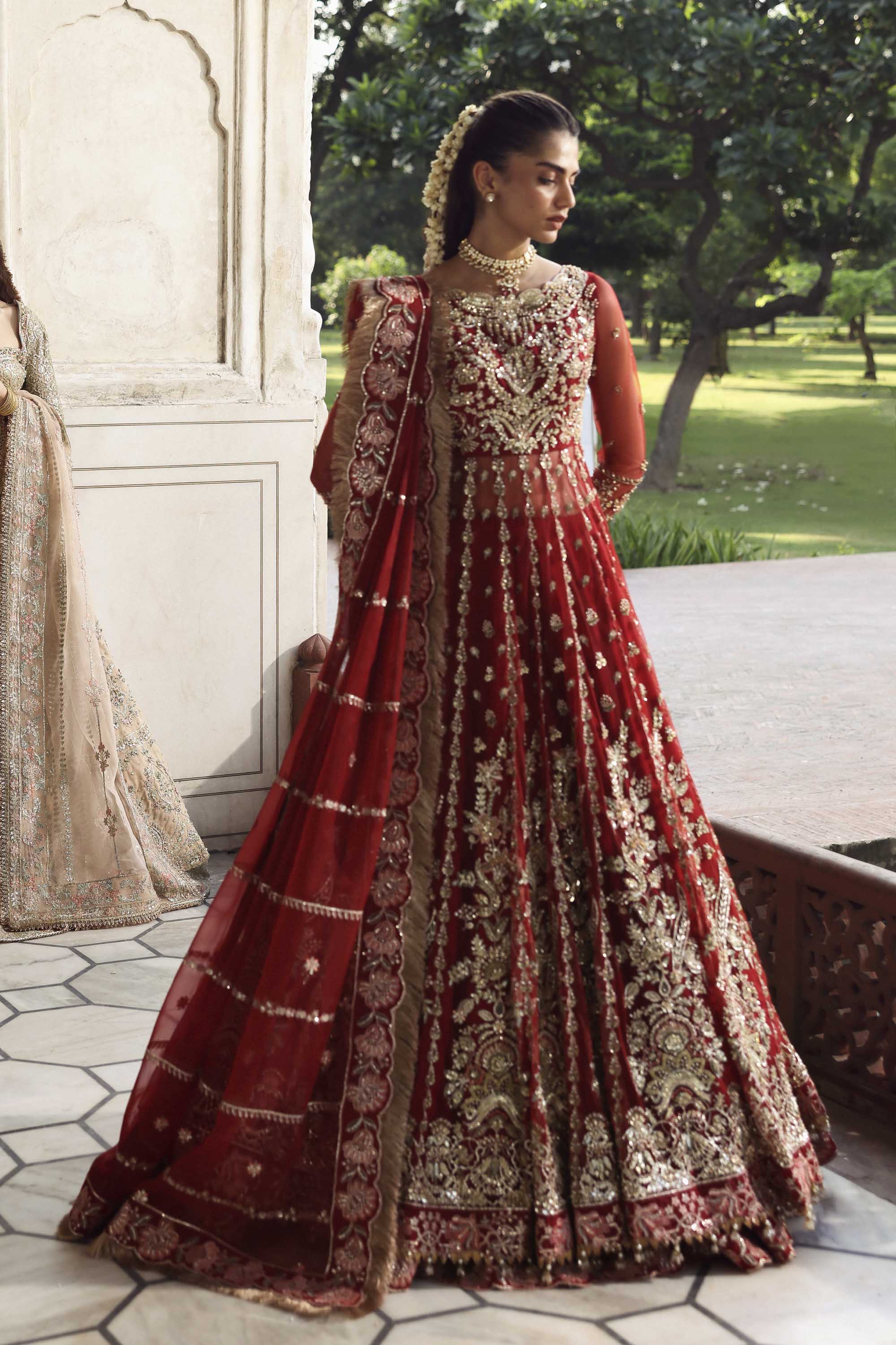 Women Wearing Sarmast Red Peshwas For Formals Events - Pakistani Designer Wear For Women In UK | Kifat