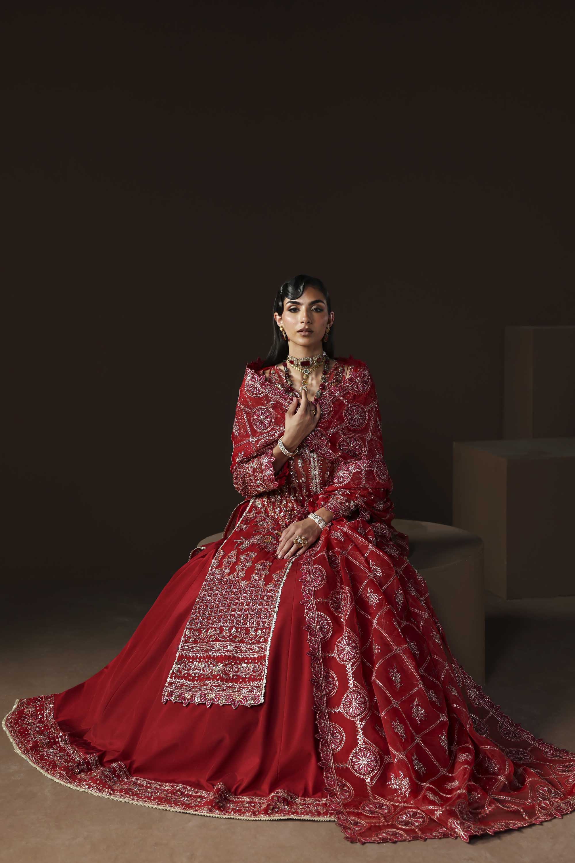 Women Wearing Oracle Red Front Open Shirt For Luxury Formals Events - Pakistani Designer Wear For Women In UK | Kifat