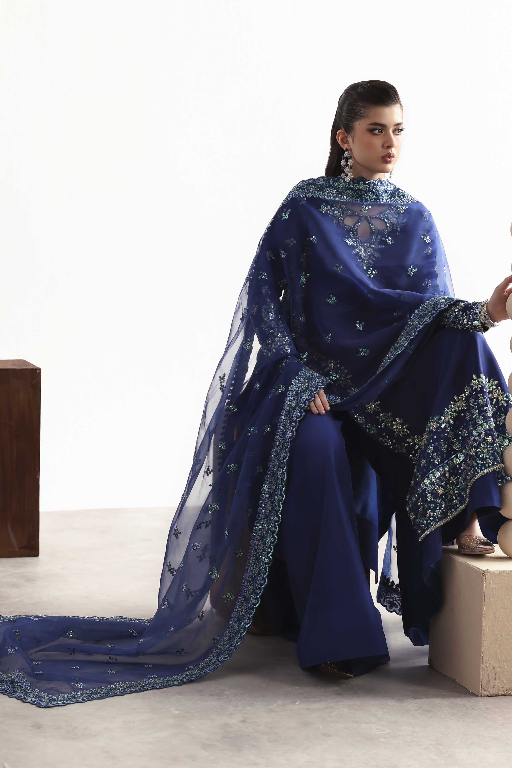 Women Wearing Sapphire Blue Long Shirt For Luxury Formals Events - Pakistani Designer Wear For Women In UK | Kifat