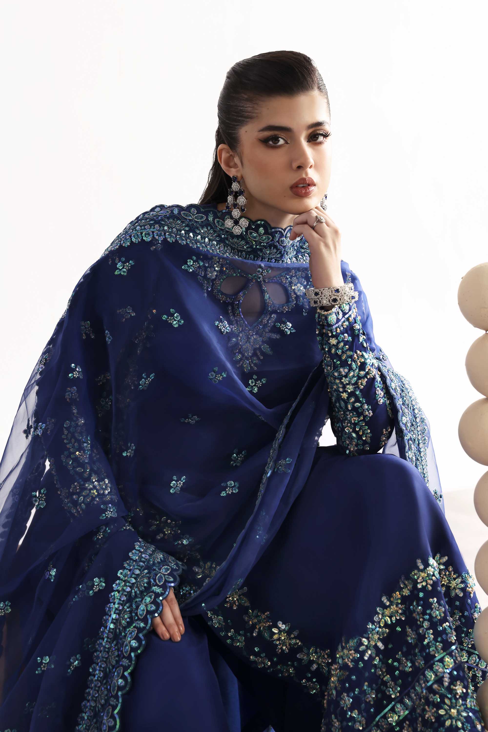 Women Wearing Sapphire Blue Long Shirt For Luxury Formals Events - Pakistani Designer Wear For Women In UK | Kifat