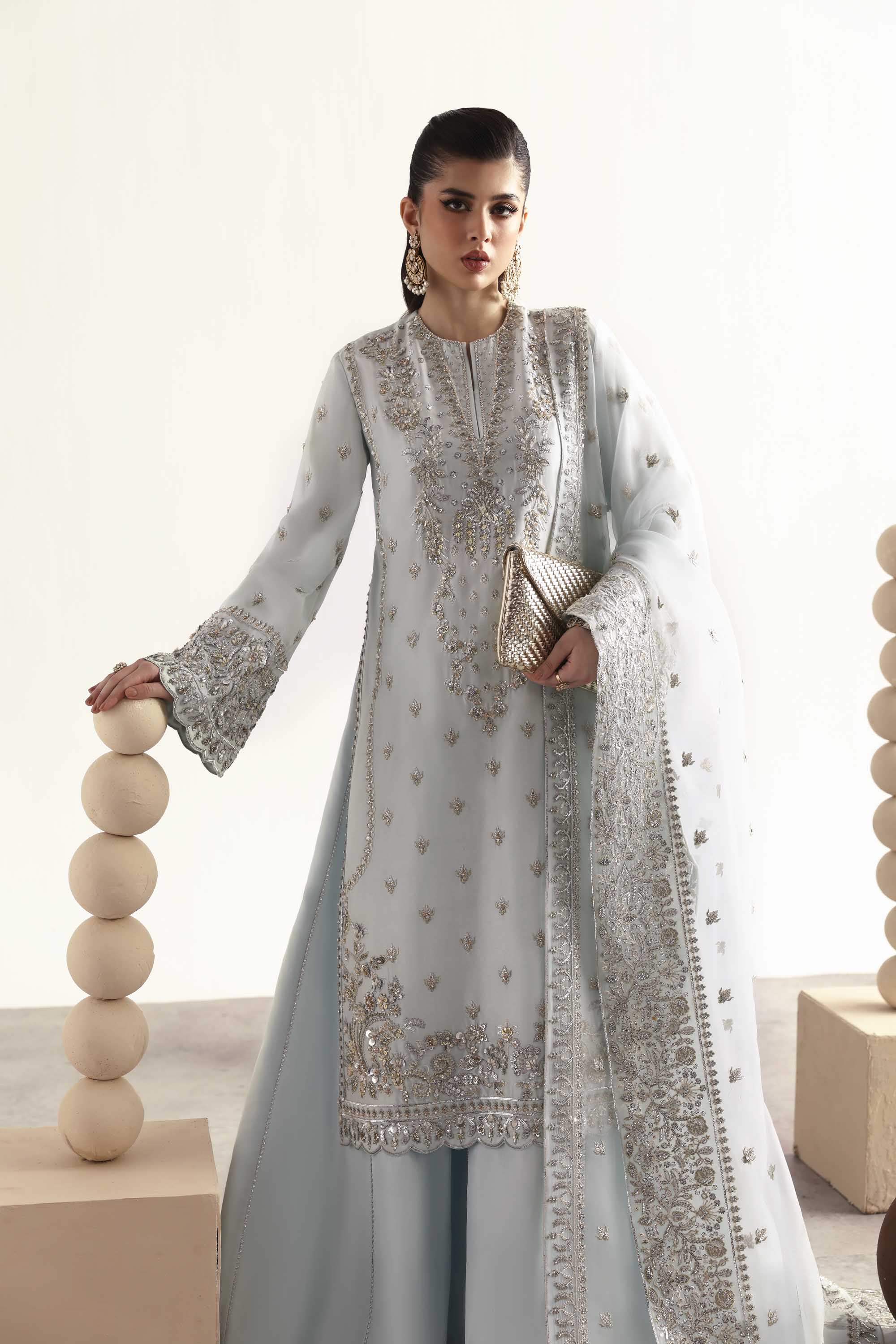 Women Wearing Fawn Ice Blue Long Shirt For Luxury Formals Events - Pakistani Designer Wear For Women In UK | Kifat
