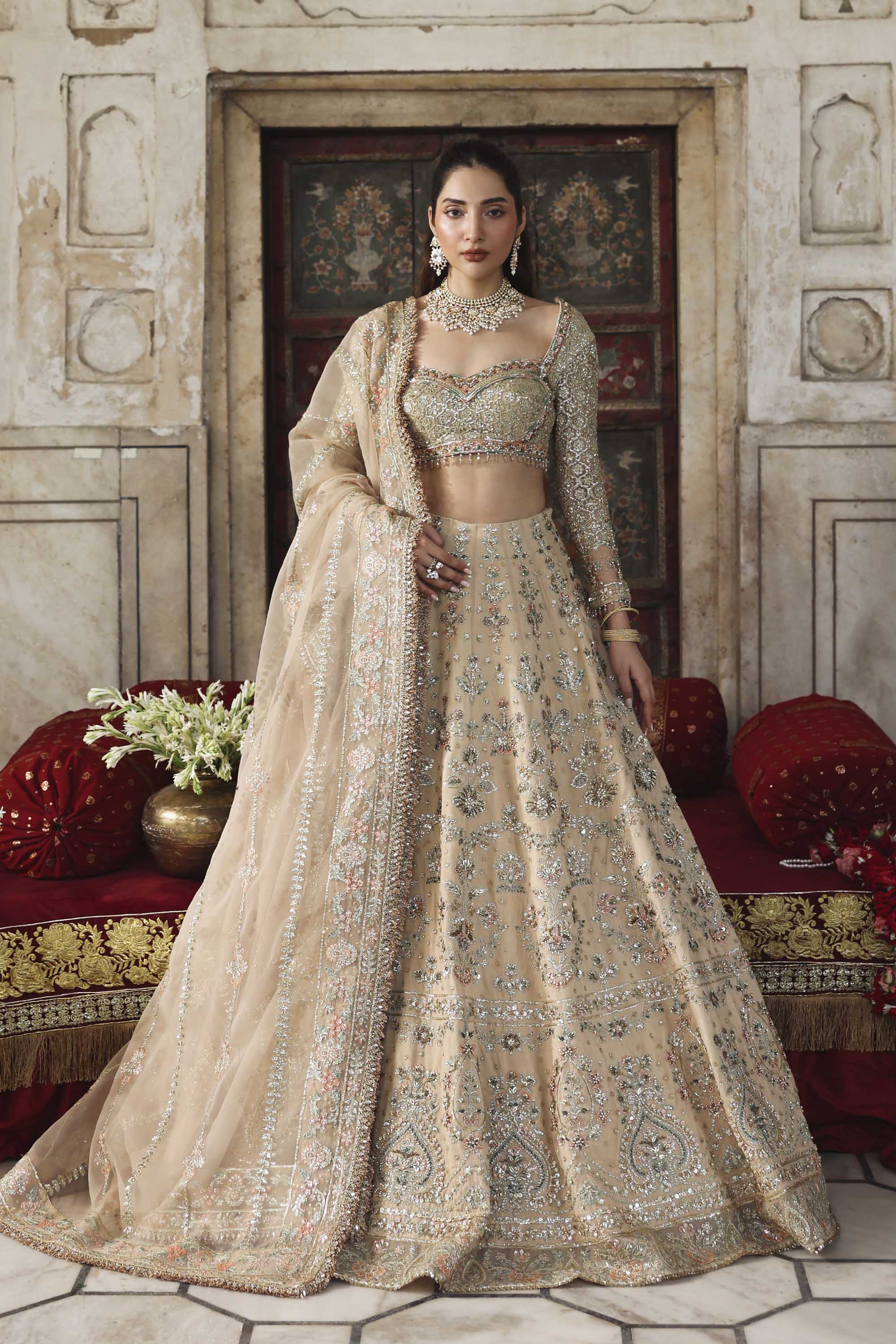 Women Wearing Nuraan Peach Lehnga Choli For Formals Events - Pakistani Designer Wear For Women In UK | Kifat