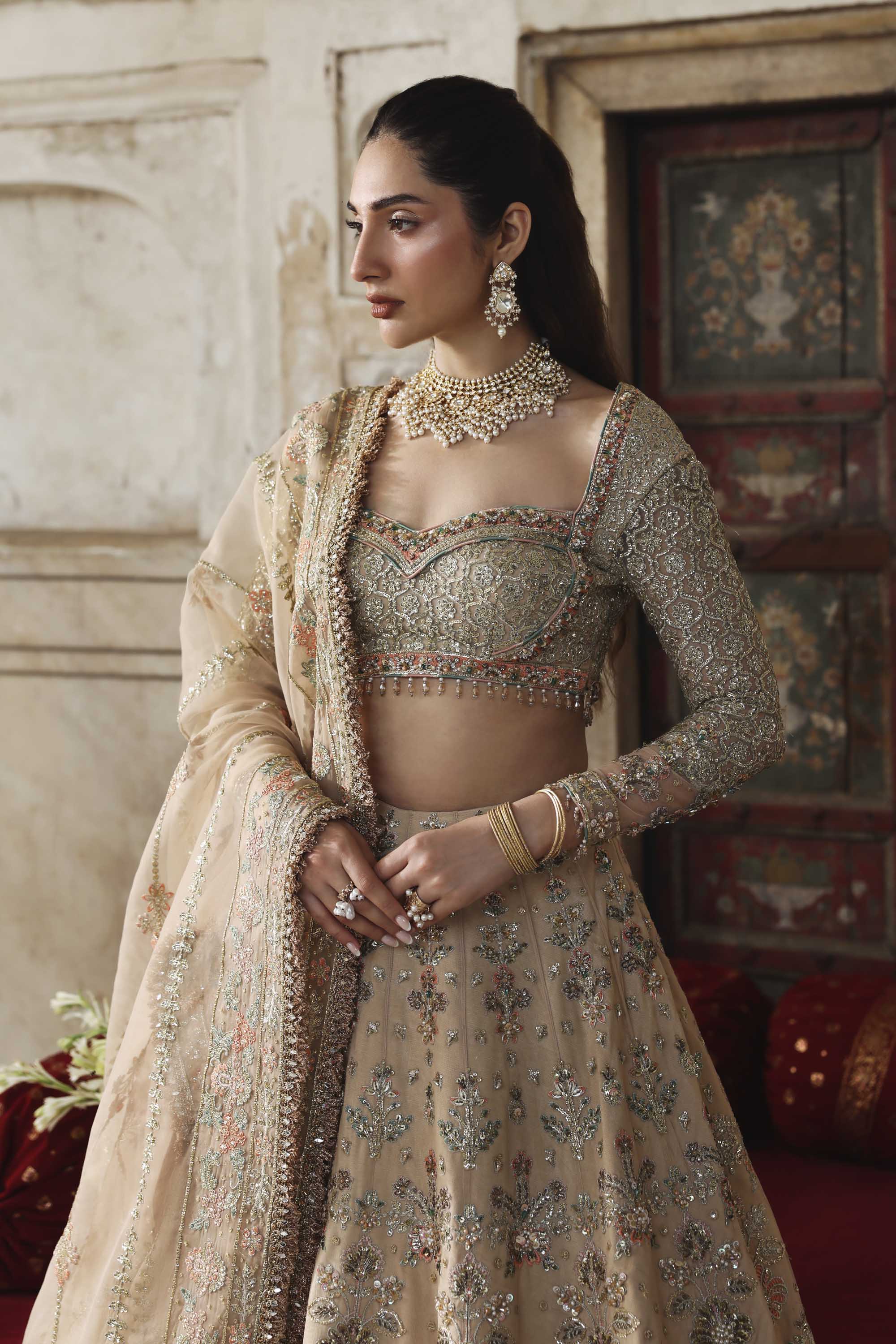 Women Wearing Nuraan Peach Lehnga Choli For Formals Events - Pakistani Designer Wear For Women In UK | Kifat