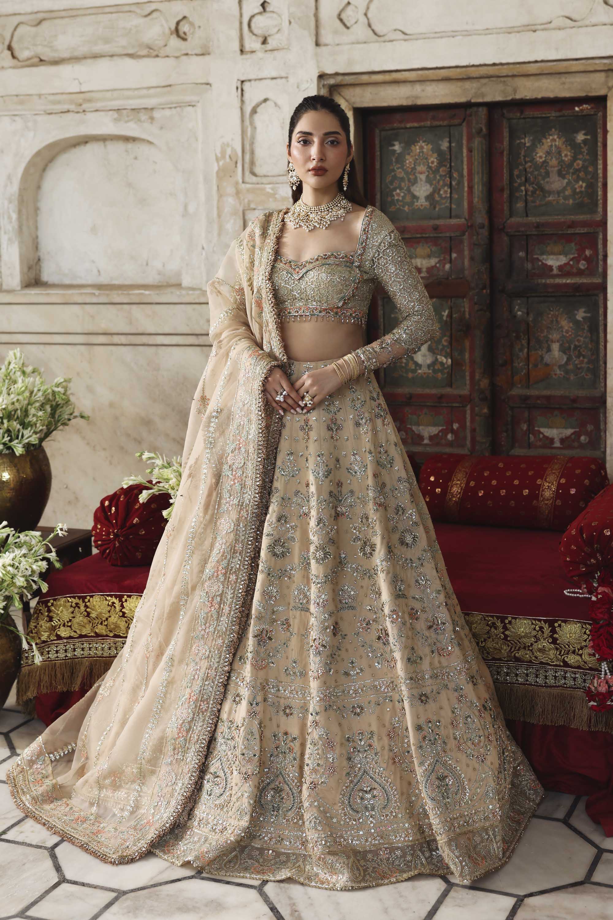 Women Wearing Nuraan Peach Lehnga Choli For Formals Events - Pakistani Designer Wear For Women In UK | Kifat