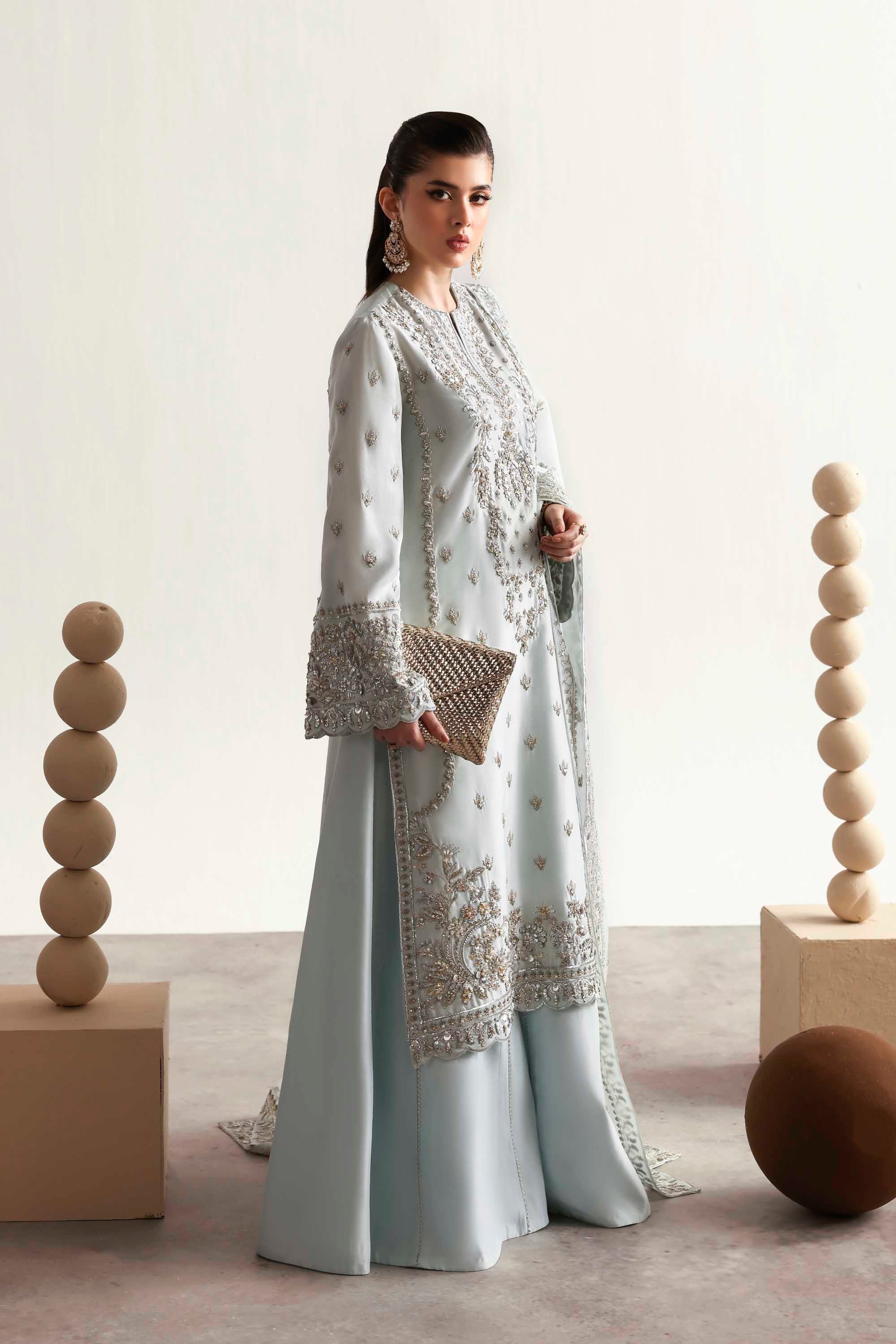Women Wearing Fawn Ice Blue Long Shirt For Luxury Formals Events - Pakistani Designer Wear For Women In UK | Kifat